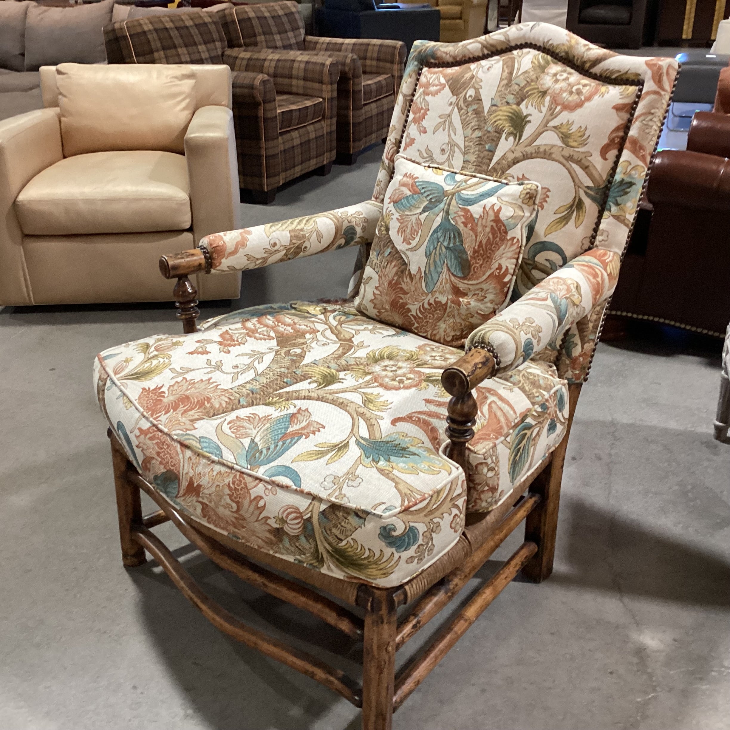 Carved Wood Rush Seat & Floral Belgian Linen Nailhead Chair 32"x 32"x 40"