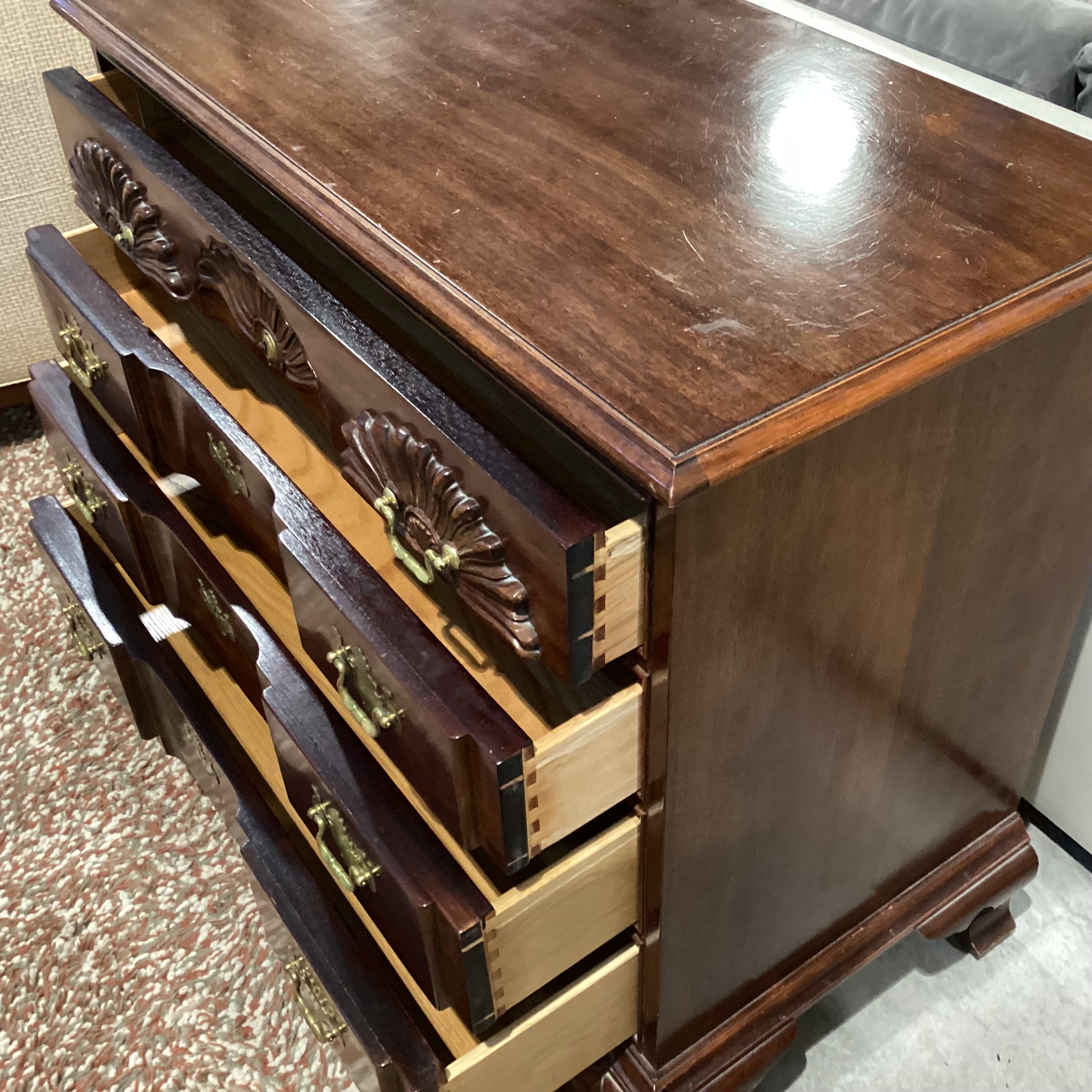 Thomasville The Mahogany Collection Ornate Carved with Brass 4 Drawer Chest 37.5"x 19.5"x 34"