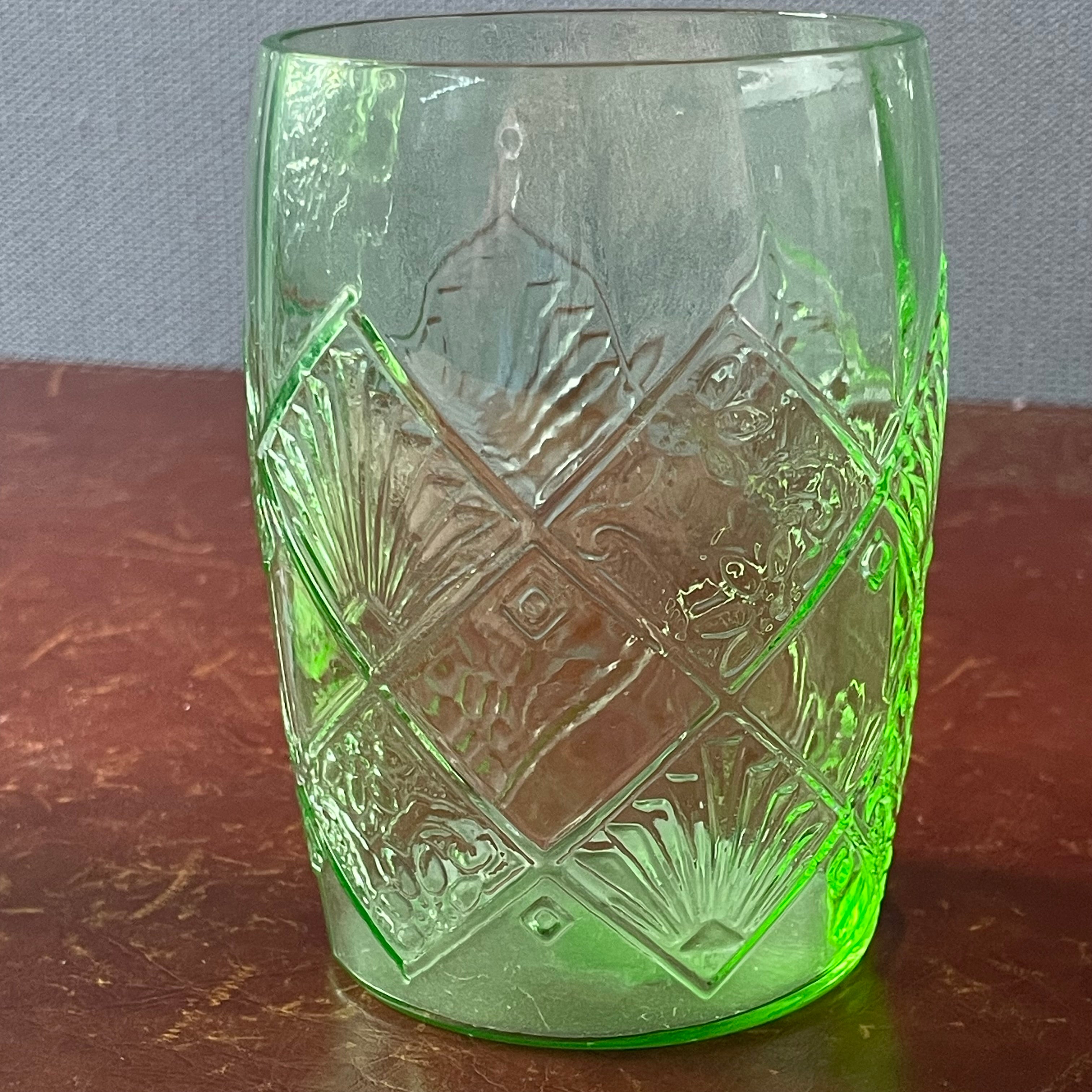 Set of 5 Pieces Vintage Anchor Hocking Fan & Flower Green Uranium Glass Pitcher with 4 Glasses, 1930's