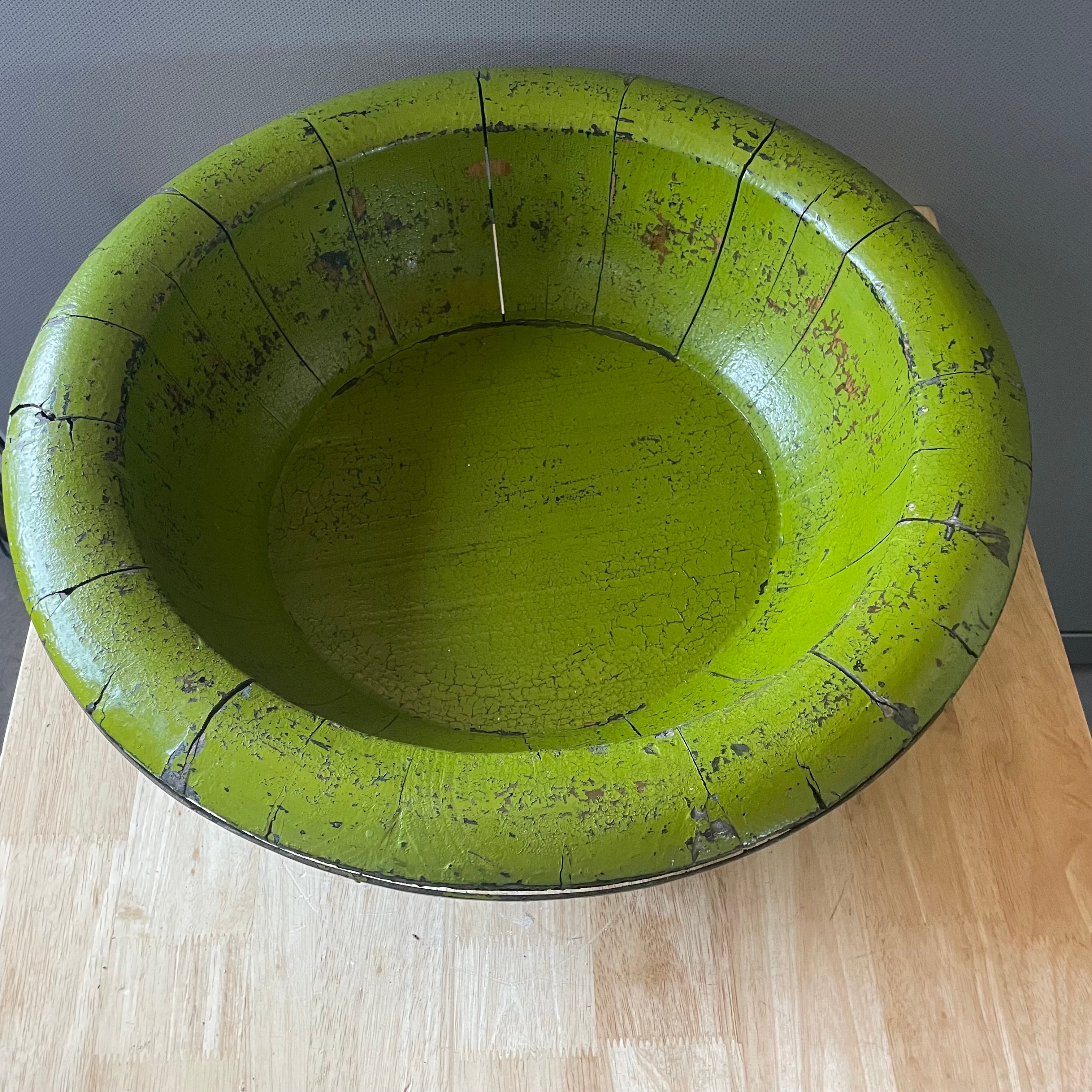 Antique Chinese Green Lacquer Wood, Metal Banded Wash Basin, 20.5"x 6"