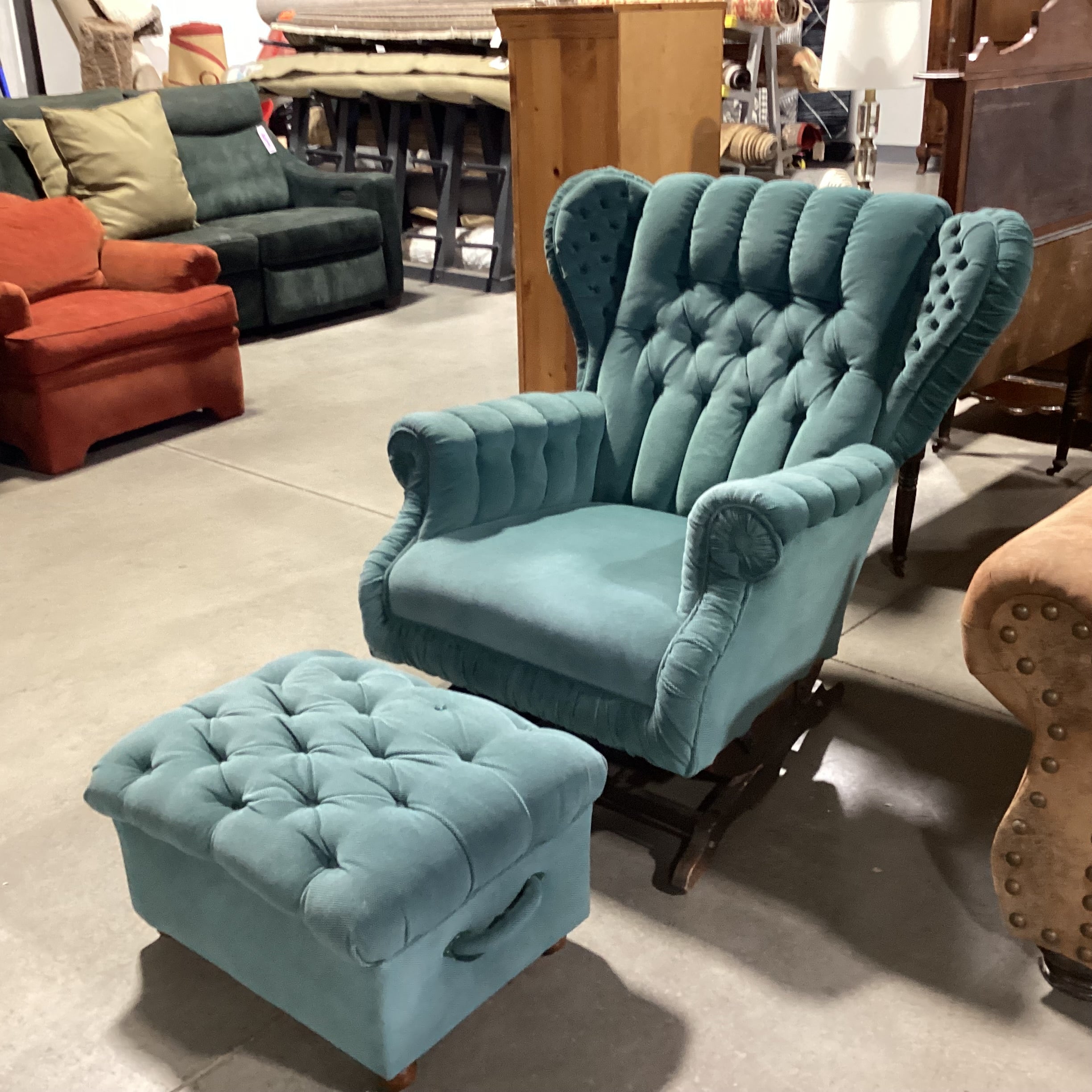 Vintage Antique Teal Tufted Winged with Ottoman Rocker Chair 34"x 36"x 39"