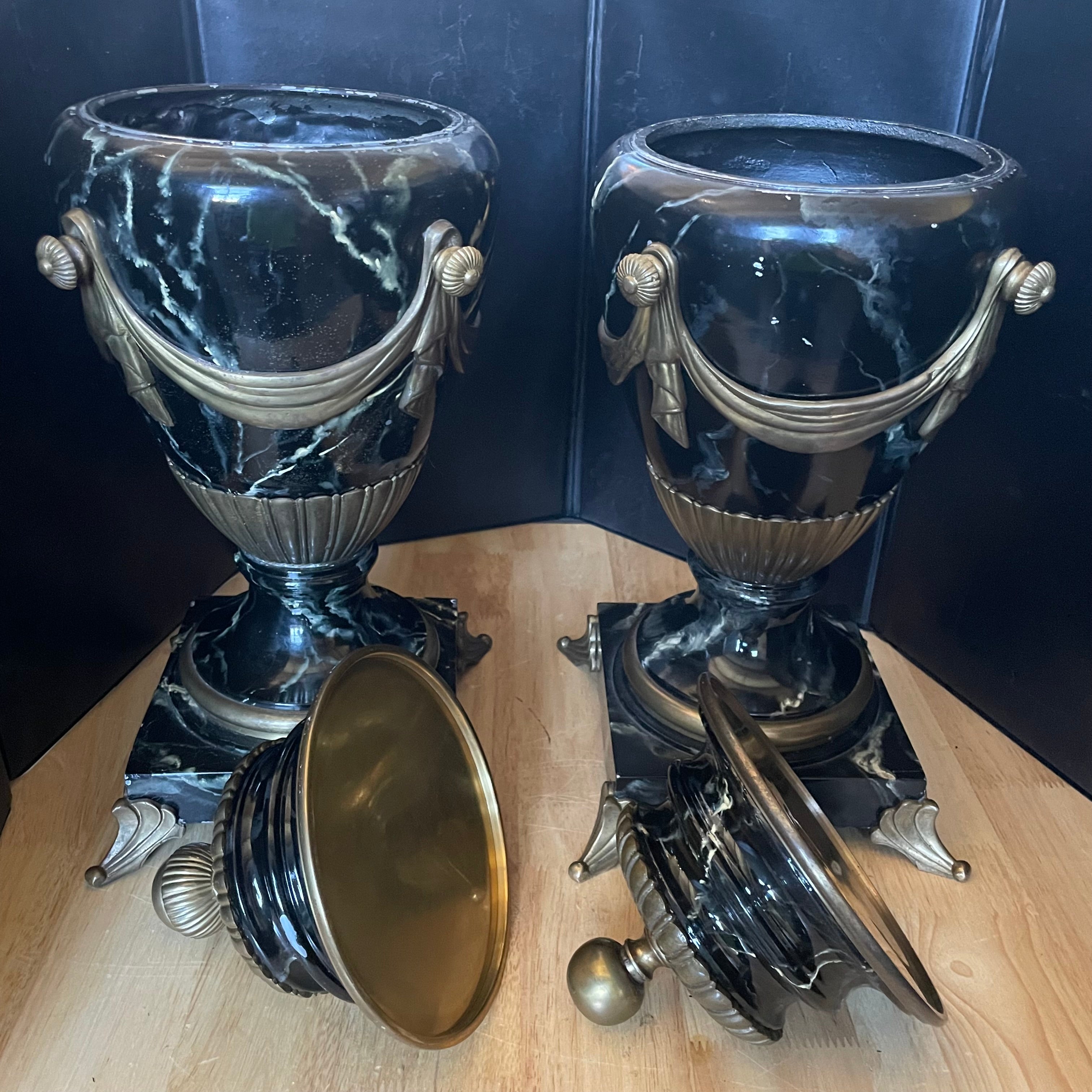 19th Century French Louis VXI Style Vert de Patricia/Blue-Veined Marble, Bronze, Ormolu Urns, Pair