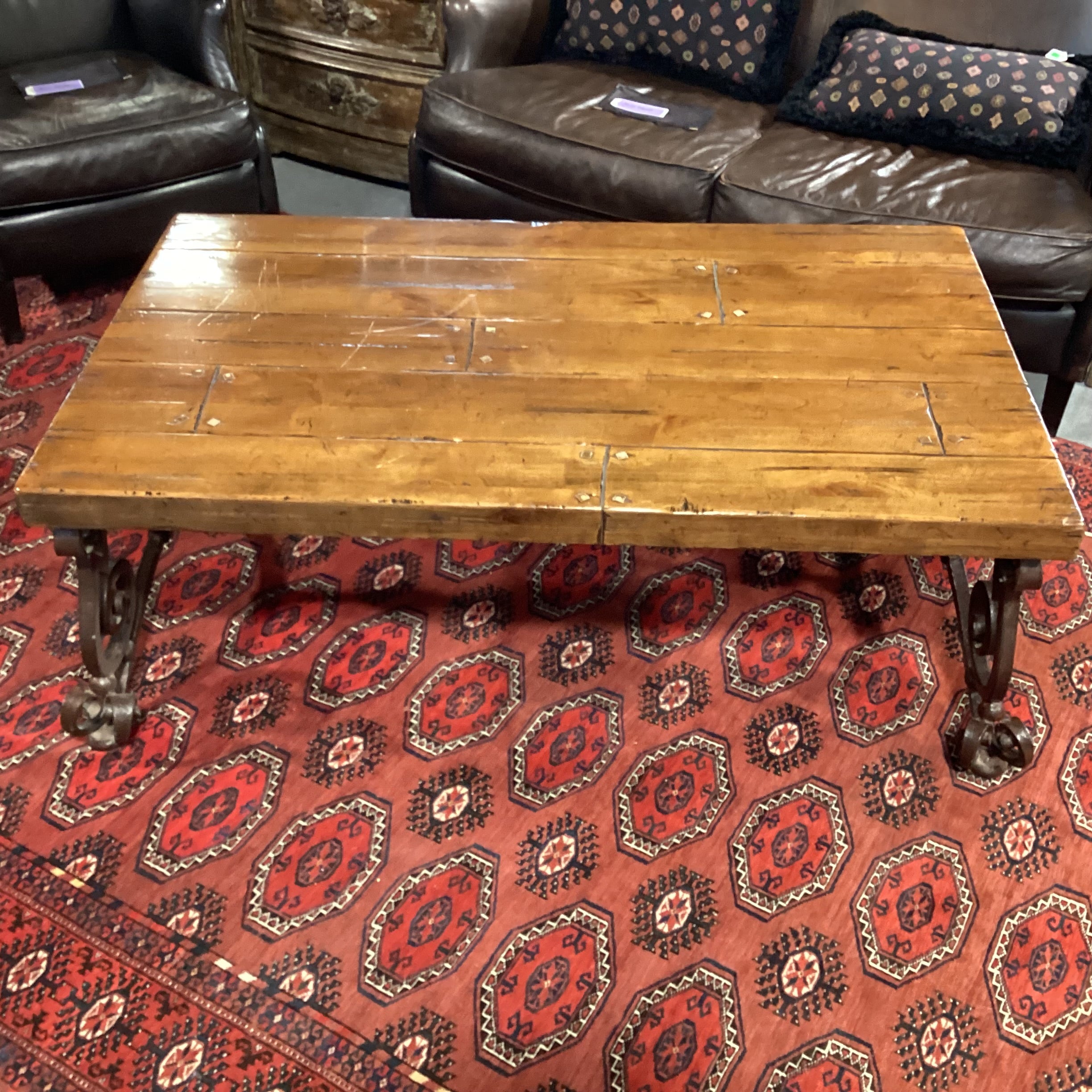 Rustic Distressed Solid Plank & Ornate Iron Coffee Table 54"x 32"x 21.5"
