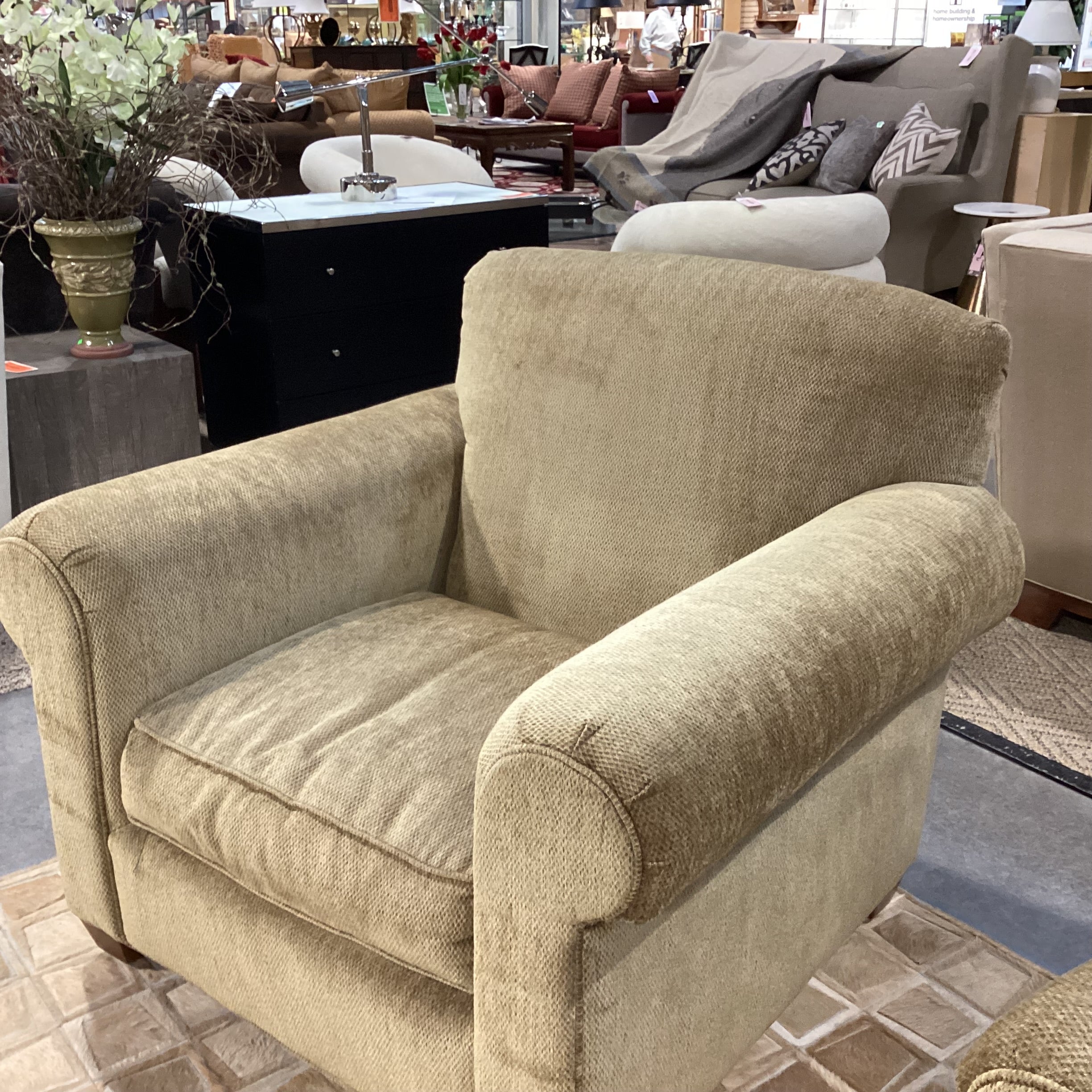 Morgan Stuart Golden Chenille Woven Down Mix Roll Arm Chair 42"x 38"x 36"