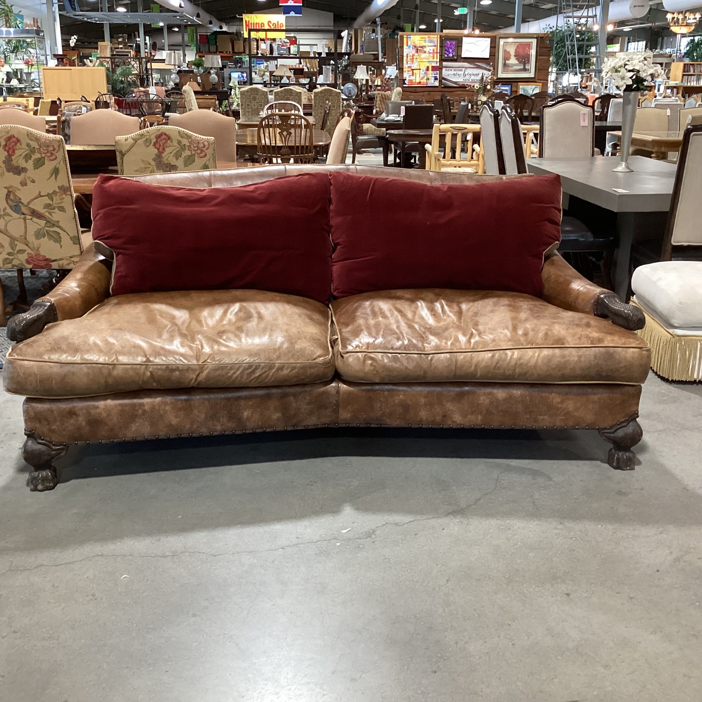 Carol Hicks Bolton & E J Victor Distressed Leather with Reversible Burgundy Velvet Cushions Ornate Carved Wood Down Mix Sofa 92"x 46"x 40"