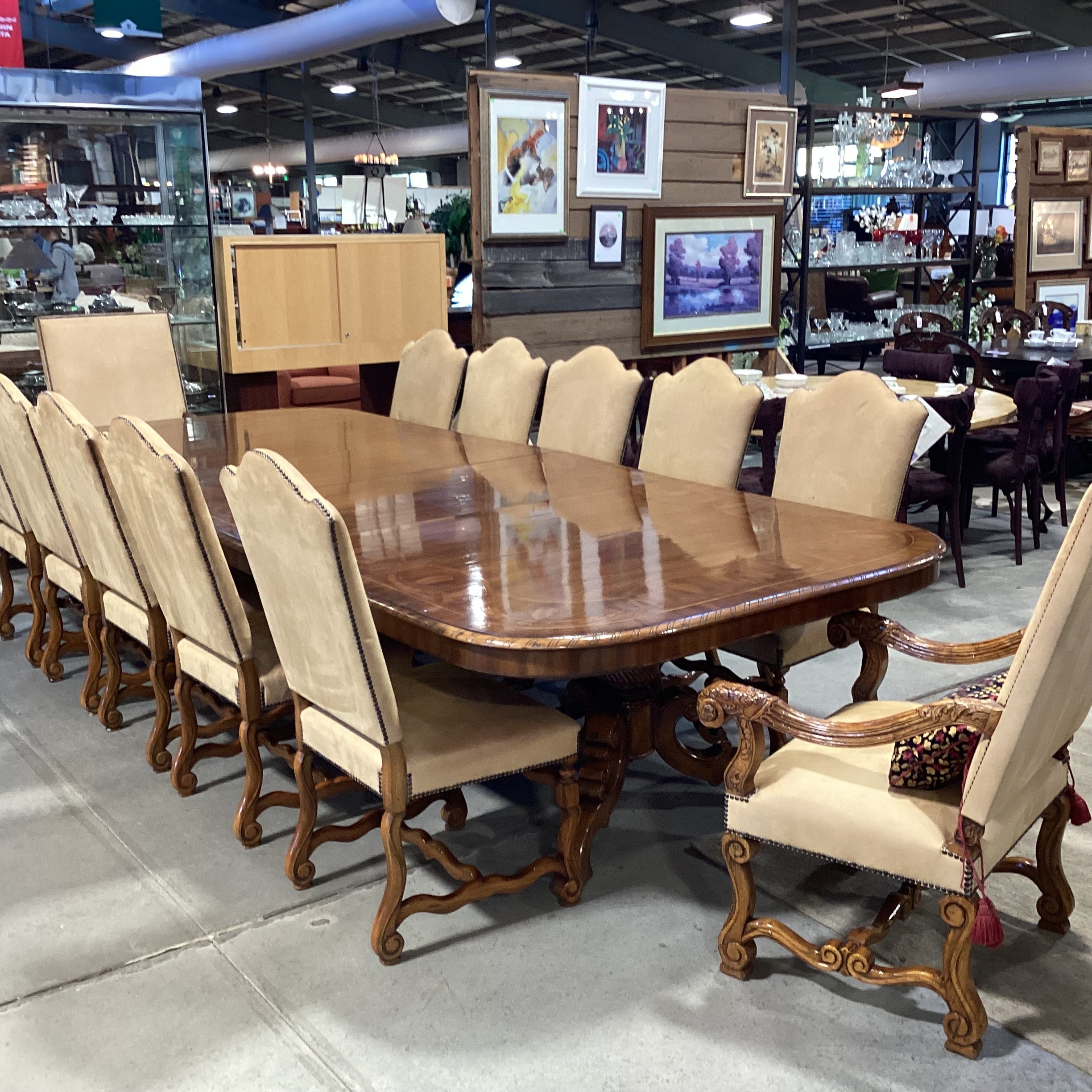 Alfonso Marina Ebanista Ornate Carved & Inlay 2 Leaves Double Pedestal Table with 12 Chairs Dining Set 142"x 60.5"x 30"