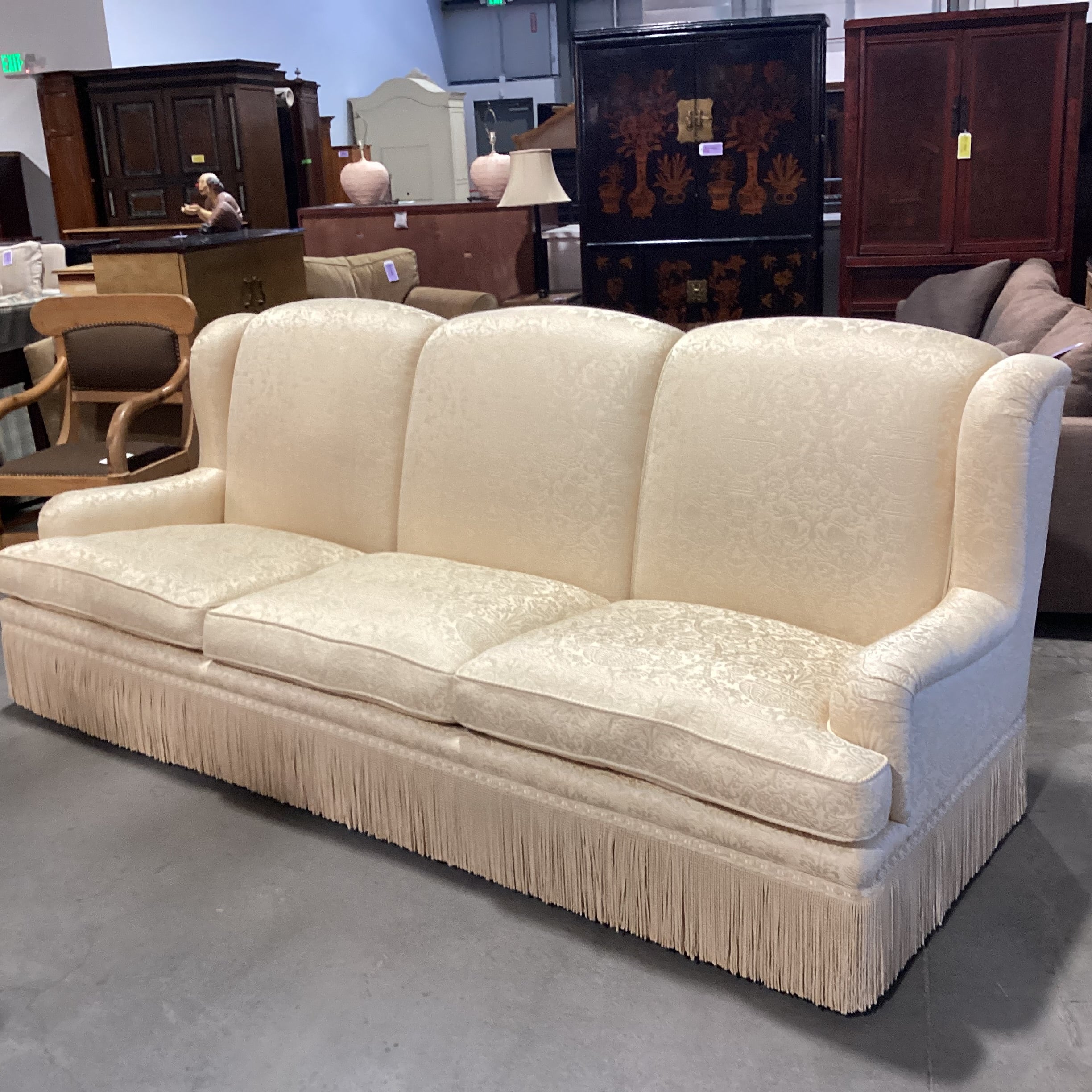 Custom Gold Raised Stitched Floral Urns with Piping & Fringe Down Mix High Back Sofa 102"x 41"x 41"