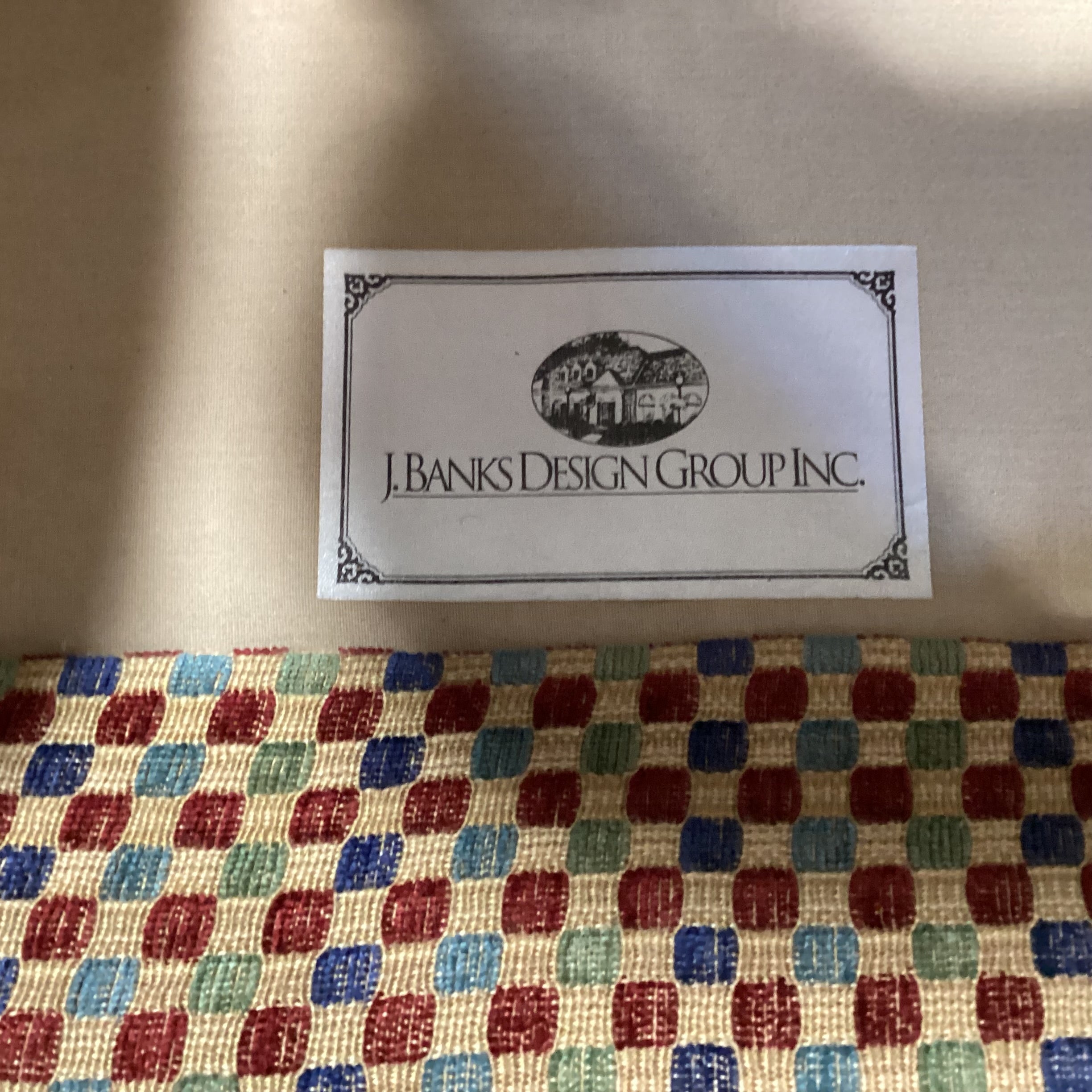 J Banks & Stanford Furniture Gold Red Blue Green Checker Woven Upholstered Swivel Chair 33"x 36"x 31"