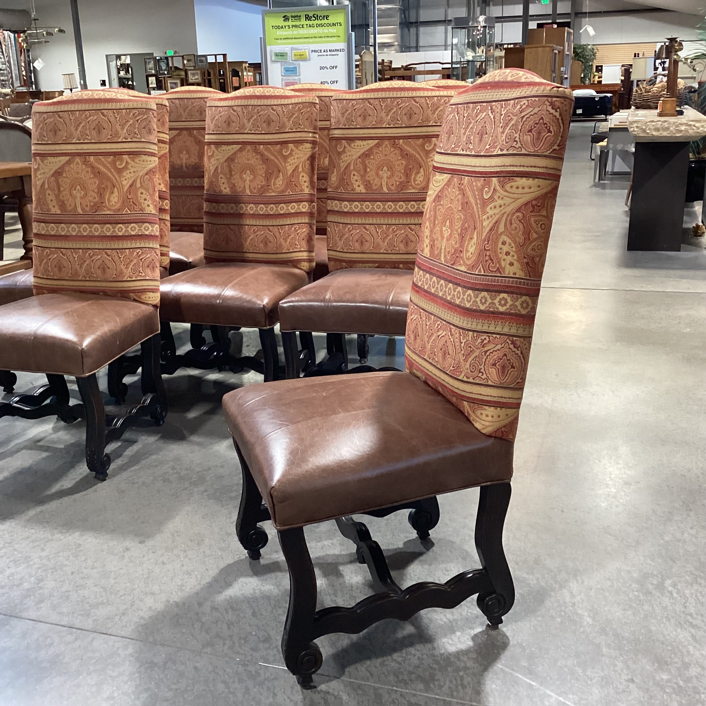 SET of 8 Carved Antiqued Black Wood Leather & Orange Gold Upholstered Dining Chairs 23"x 22"x 46"