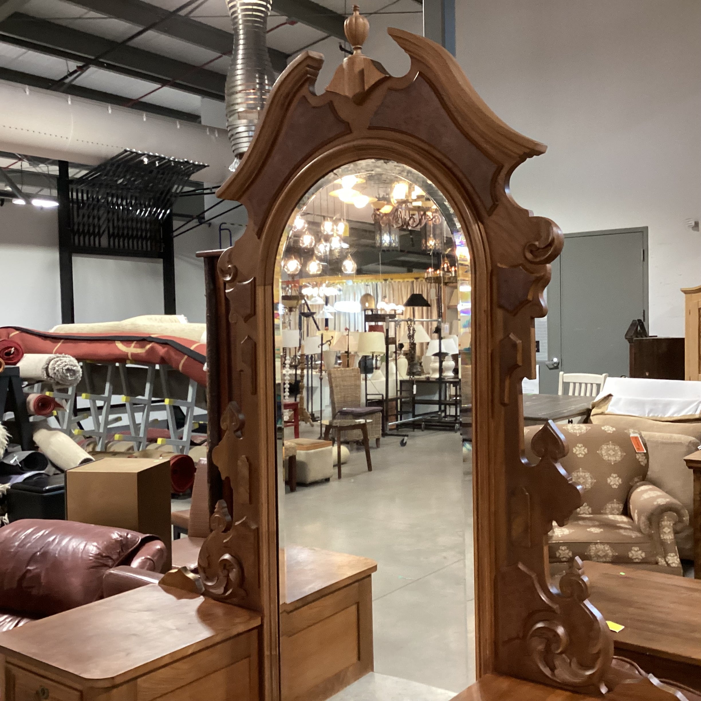 Antique Carved Wood with Mirror 4 Drawer & Marble Top Center Vanity Chest Dresser 52"x 20"x 87"