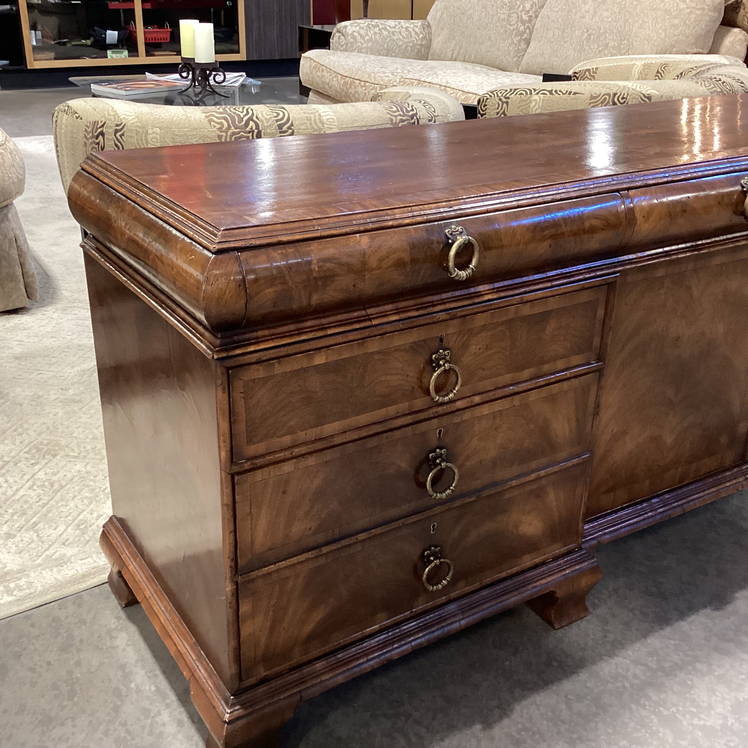 Alfonso Marina Ebanista Delaware Antiqued Primavera Wood & Brass 7 Drawer 2 Door Credenza 91.5"x 21"x 30.5"