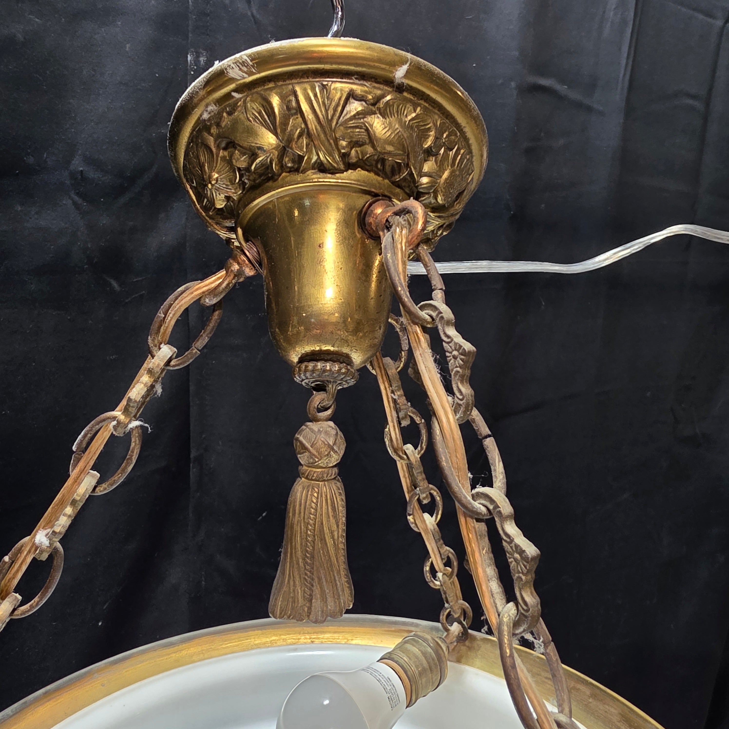 Circa 1940's Floral Chendelier with Brass TAssle Droppings from Middle and Ceiling Attachment 16"Dx26"