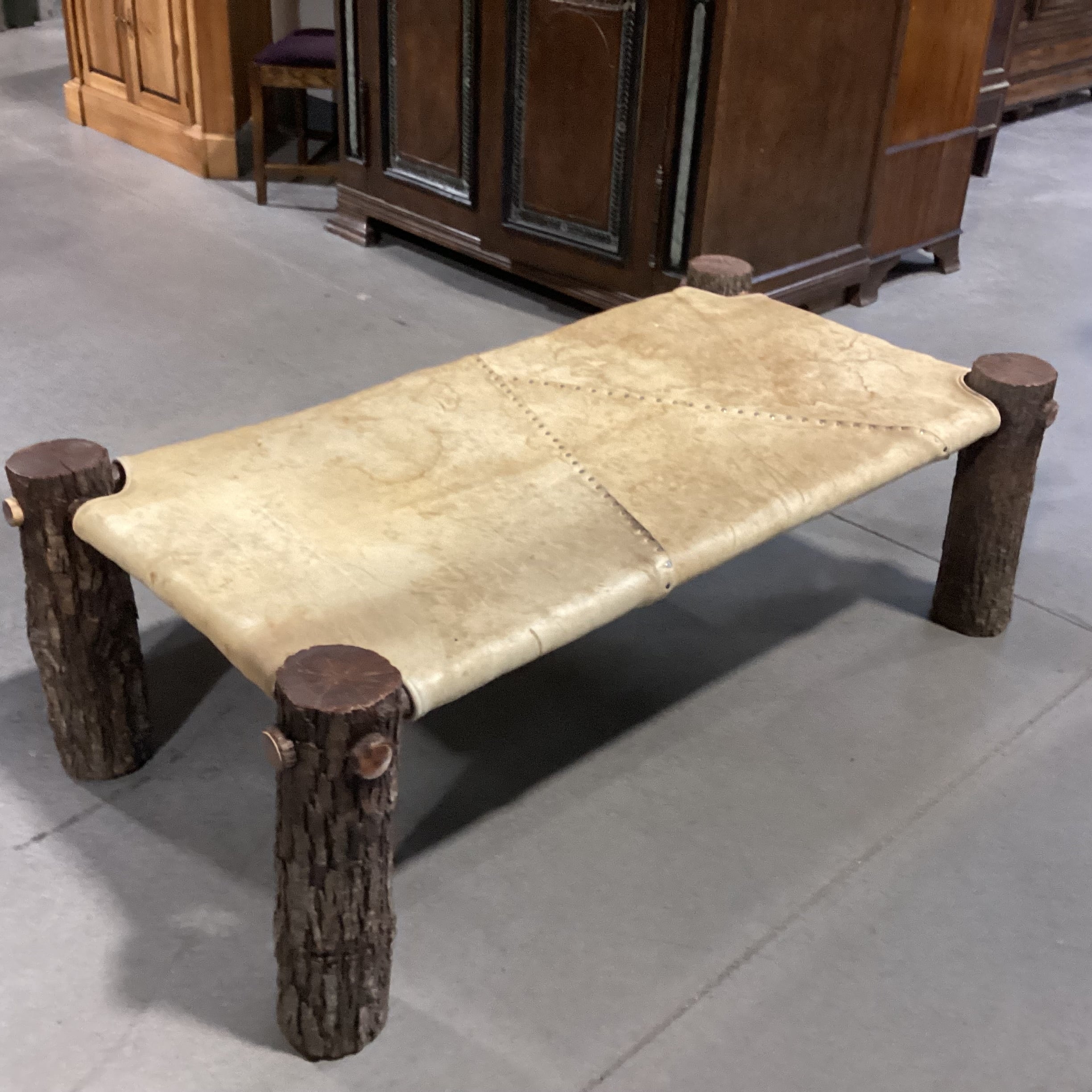 Rustic Log & Leather Nailhead Bench Ottoman 60"x 32"x 20"