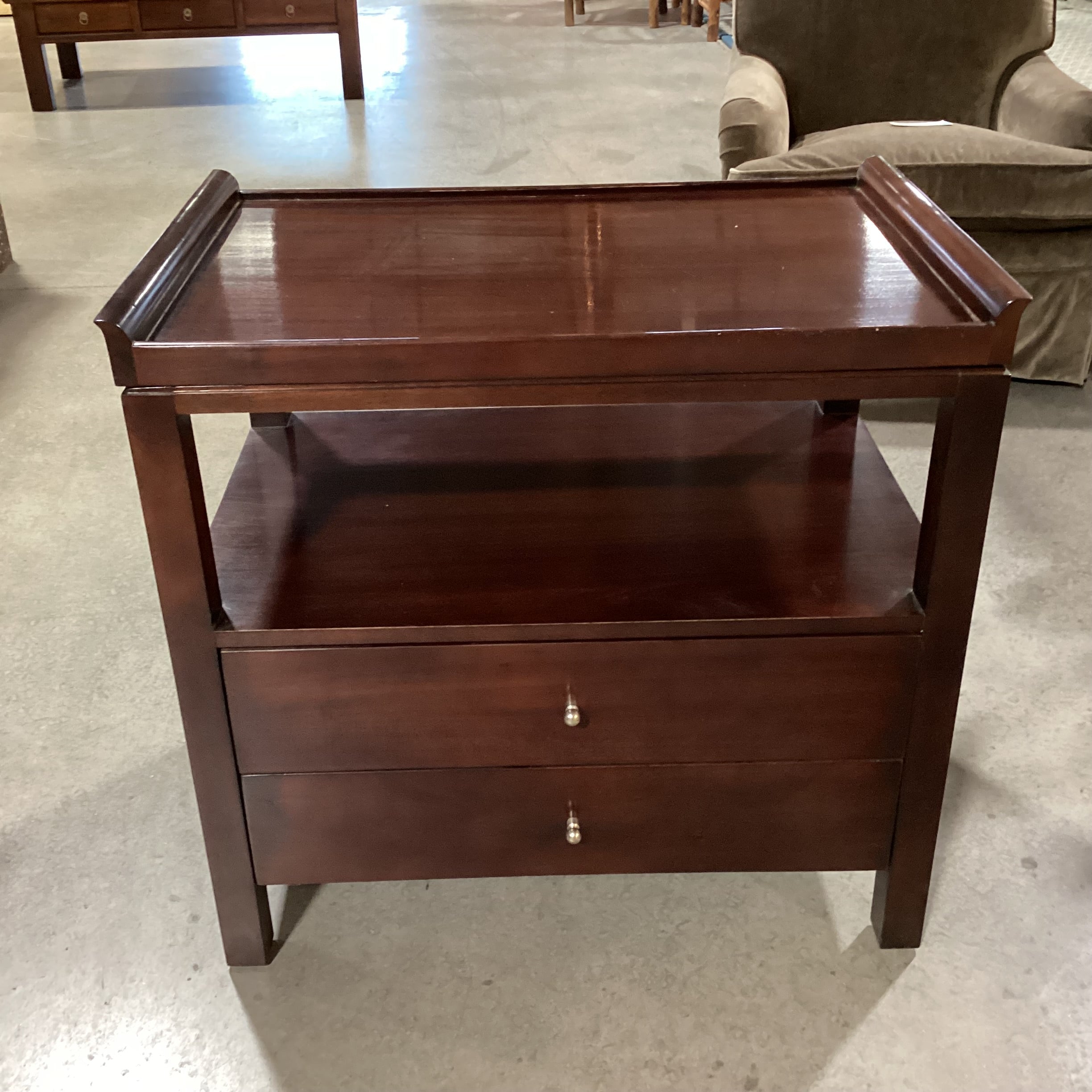Baker Furniture Mahogany 2 Drawer with Open Shelf & Tray Top End Table 30.5"x 20"x 29.5"