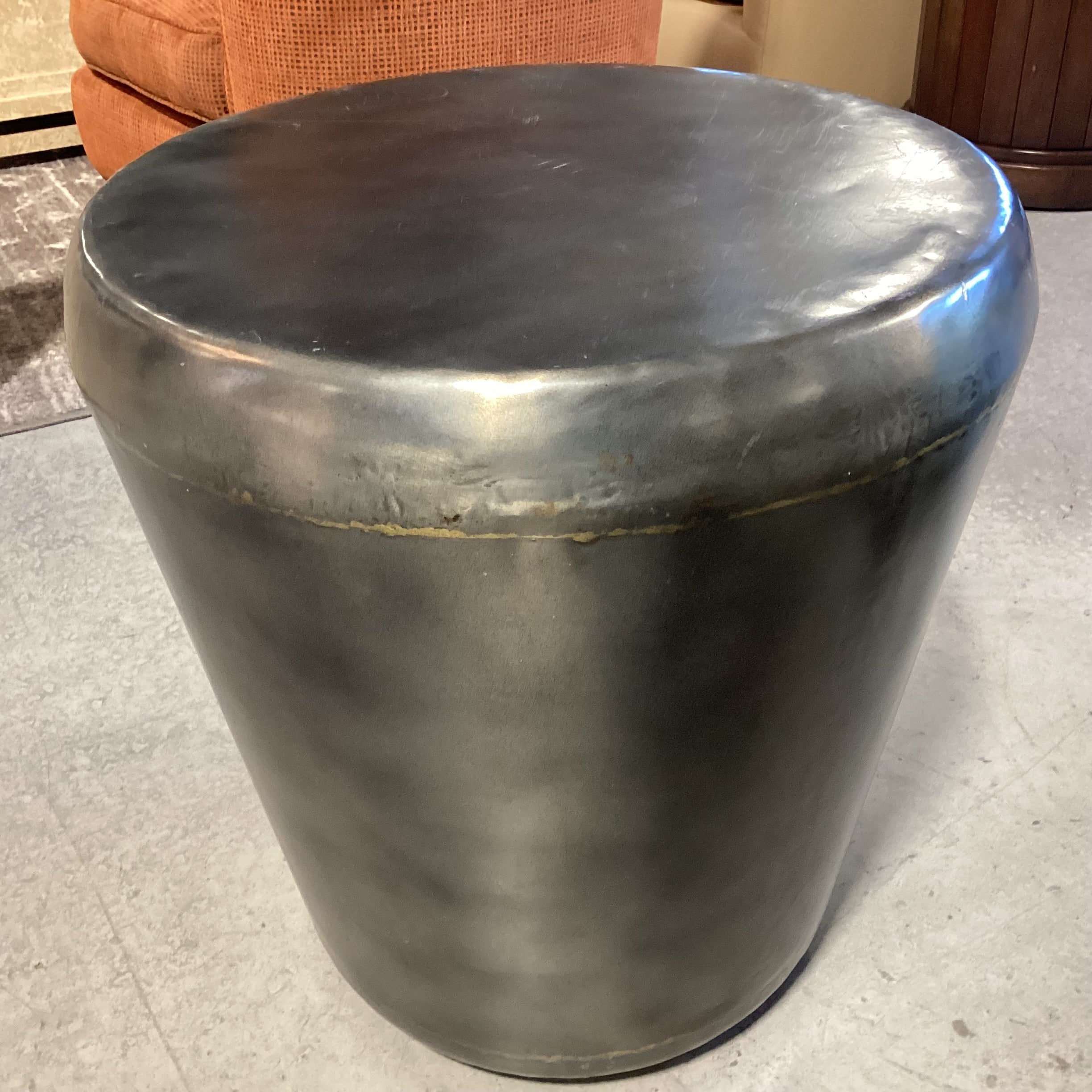Pewter Finish with Gold Weld Like Detail Steel Drum Accent Table 21" Diameter x 22"