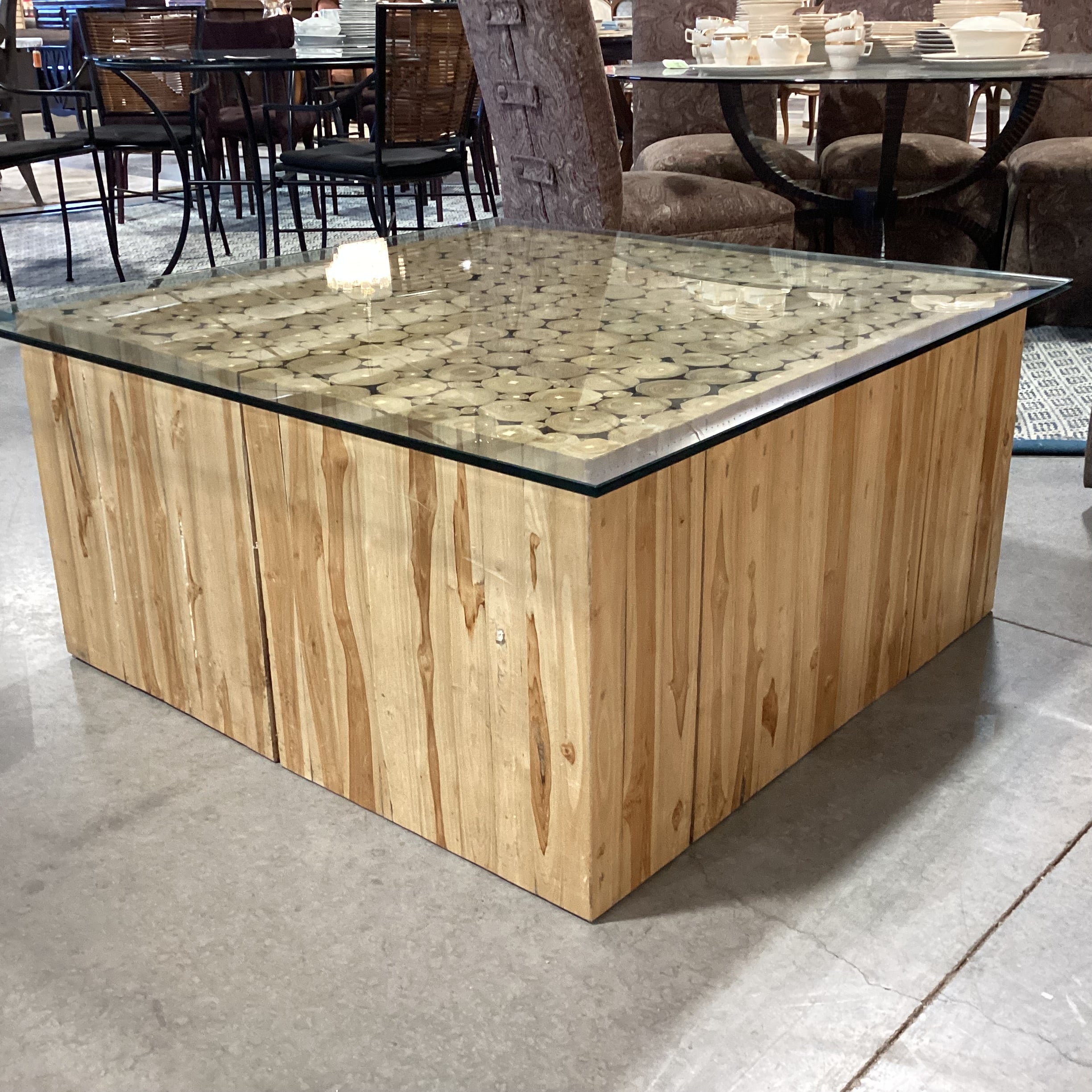 Modern Rustic Square Cut Branch Log And Glass Coffee Table 43.5"x 43.5"x 20.5"