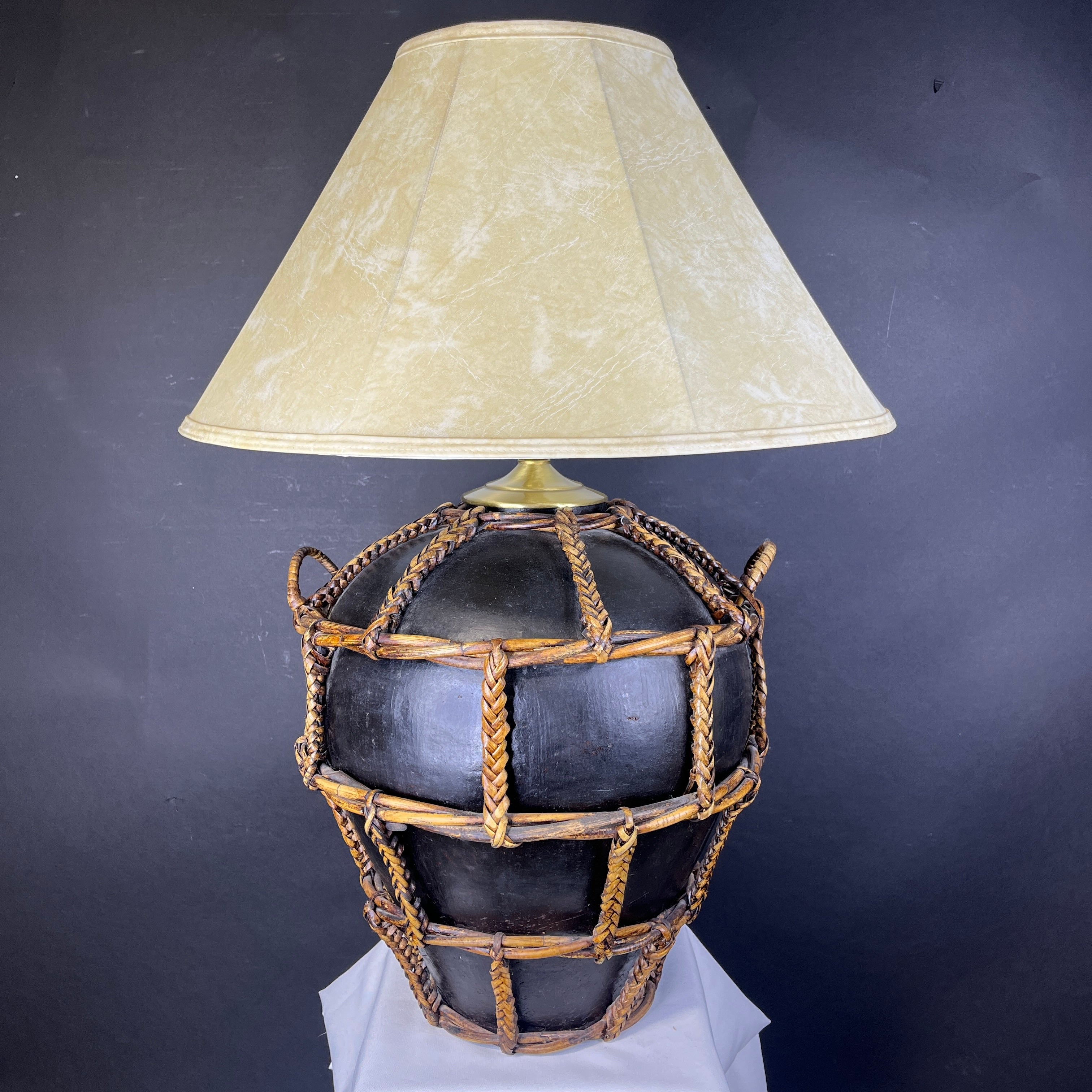 Oversized Black Painted Terracotta and Woven Rattan with Shade Table Lamp 22.5” Diameter @ Shade x 27”