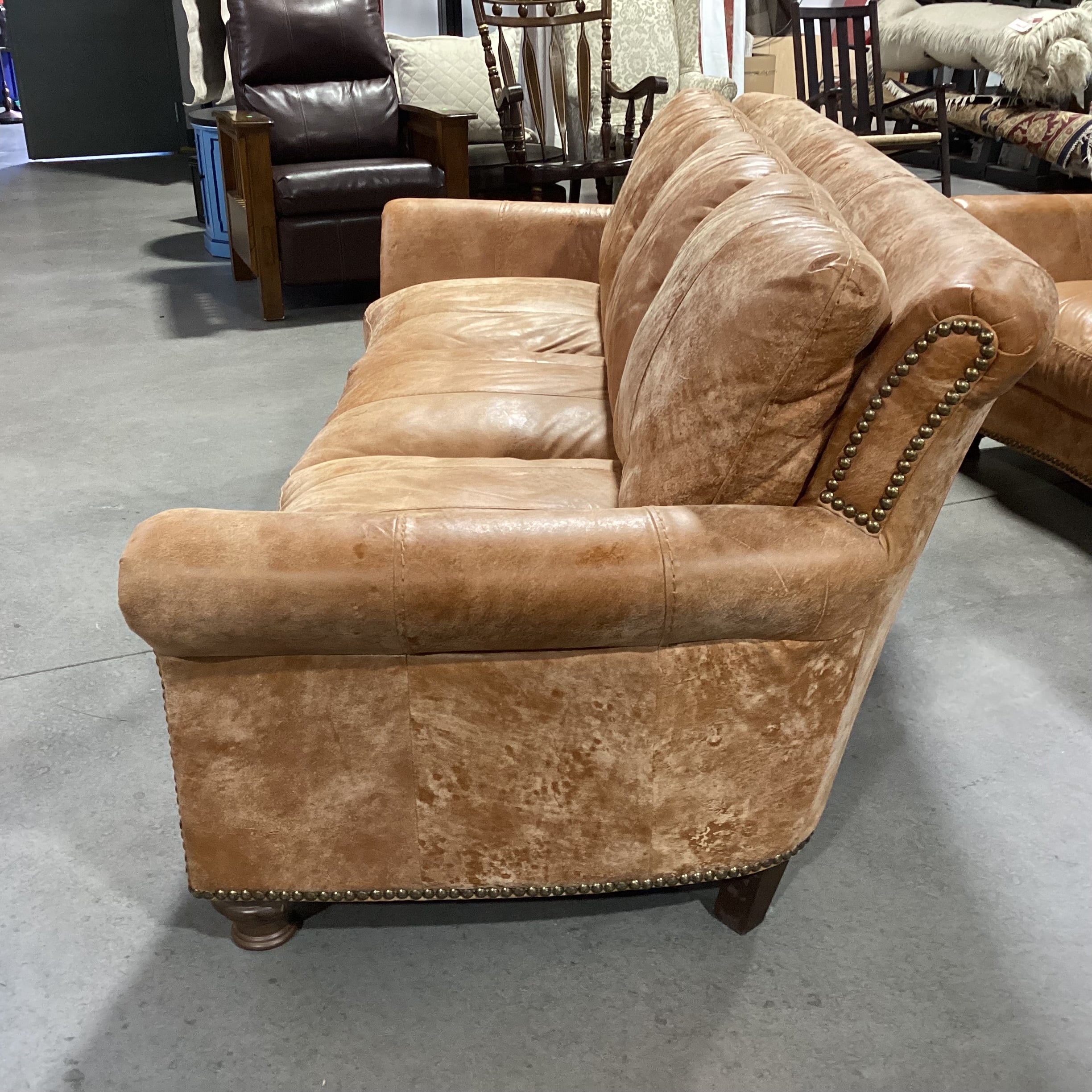 Tan Distressed Leather Nailhead with Curved Arm & Back Sofa 88"x 40"x 34"