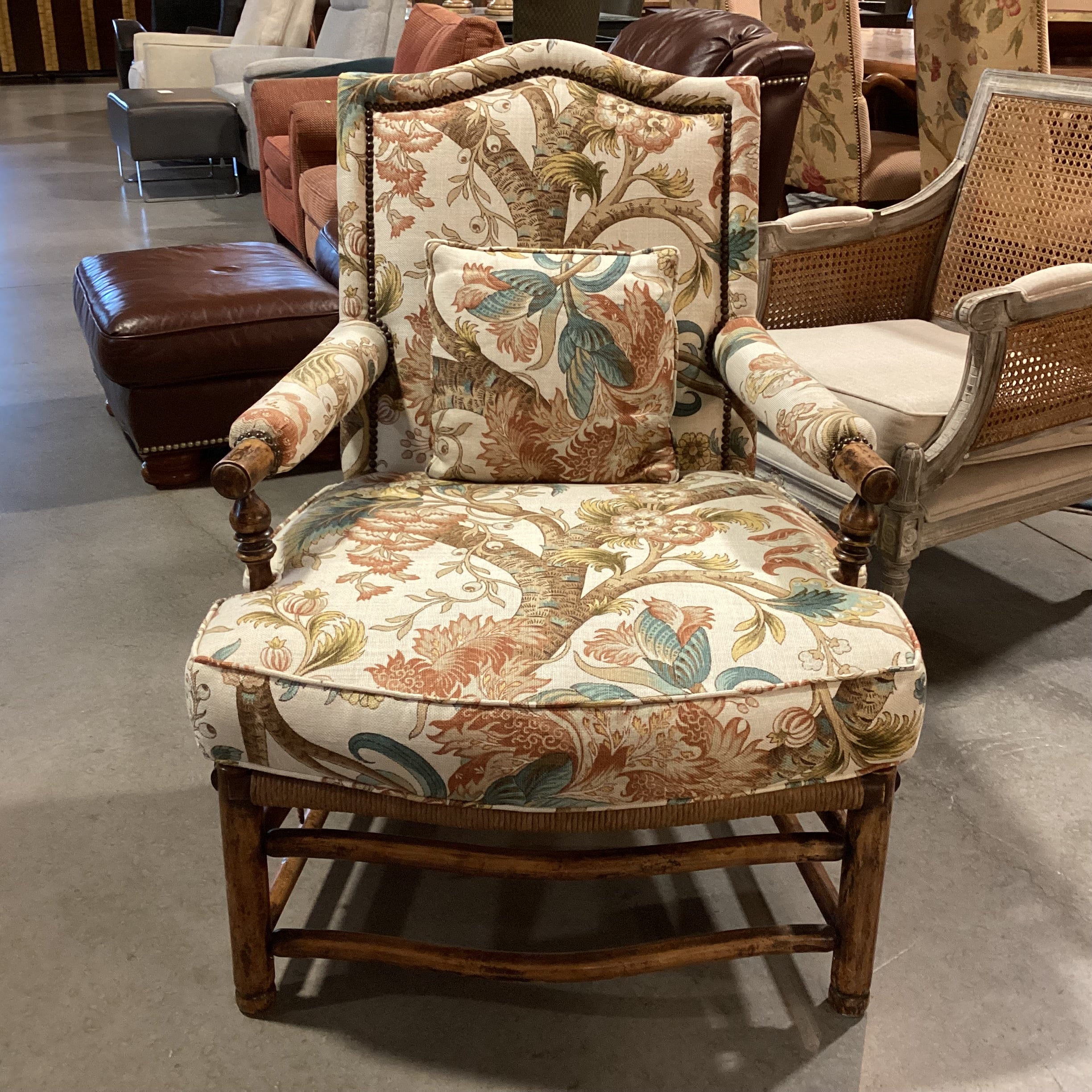 Carved Wood Rush Seat & Floral Belgian Linen Nailhead Chair 32"x 32"x 40"