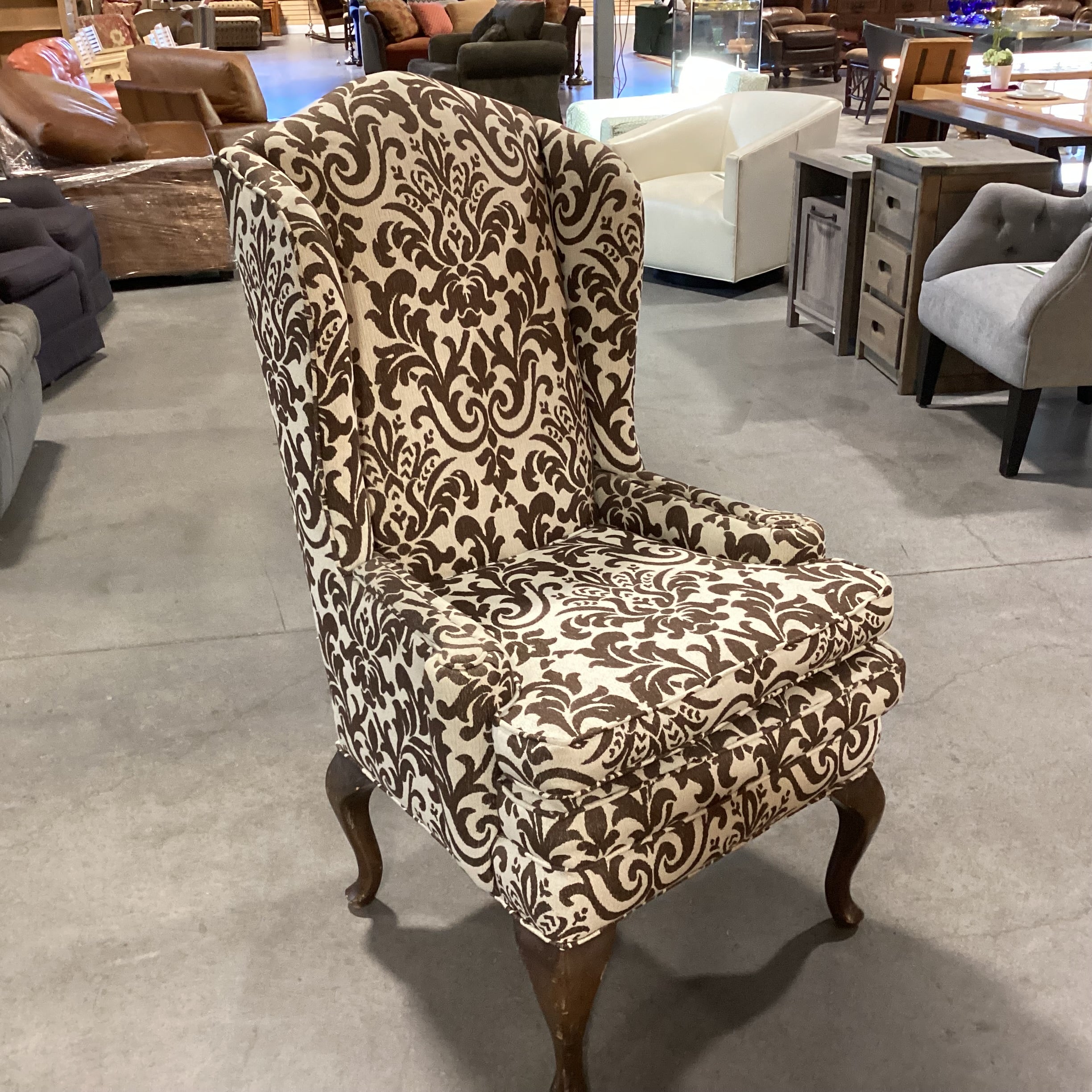 Custom Cream Brown Scroll Floral with Carved Legs Highback Wing Chair 30"x 30"x 50"