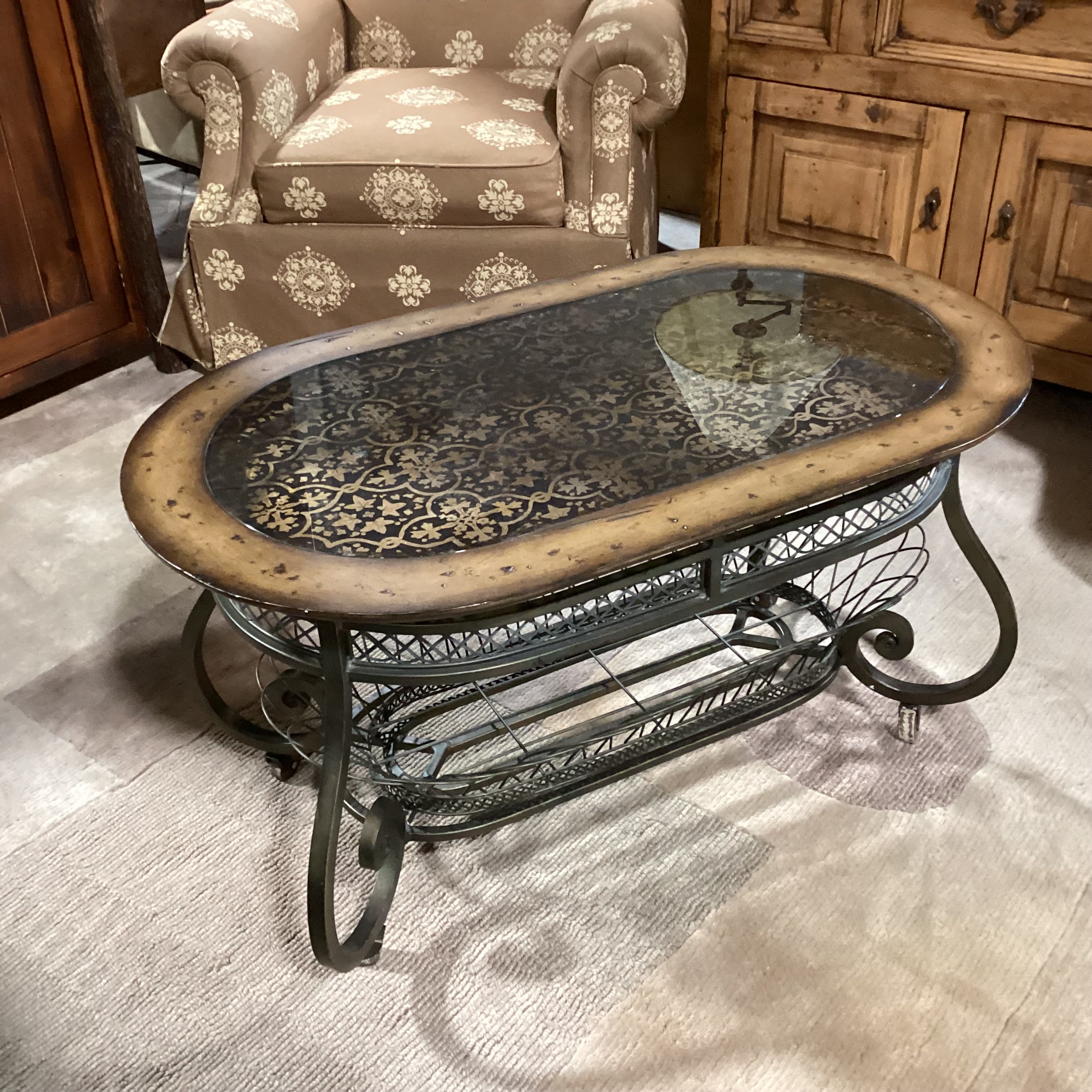 Distressed Wood & Metal with Black Detailed Leaf Design Glass on Casters Coffee Table 38"x 21.5"x 20"
