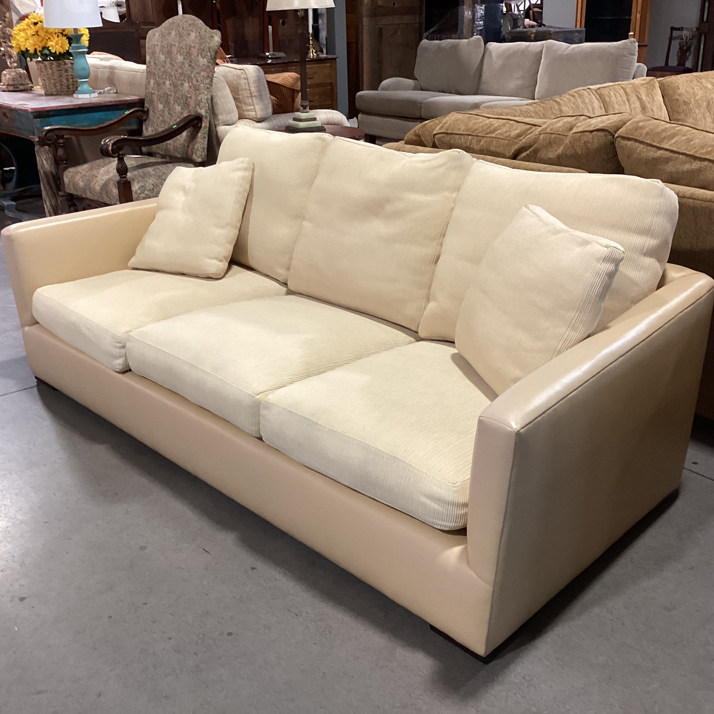 Gina B Custom Blonde Leather & Ribbed Upholstery Down Mix Sofa 90"x 42"x 26"