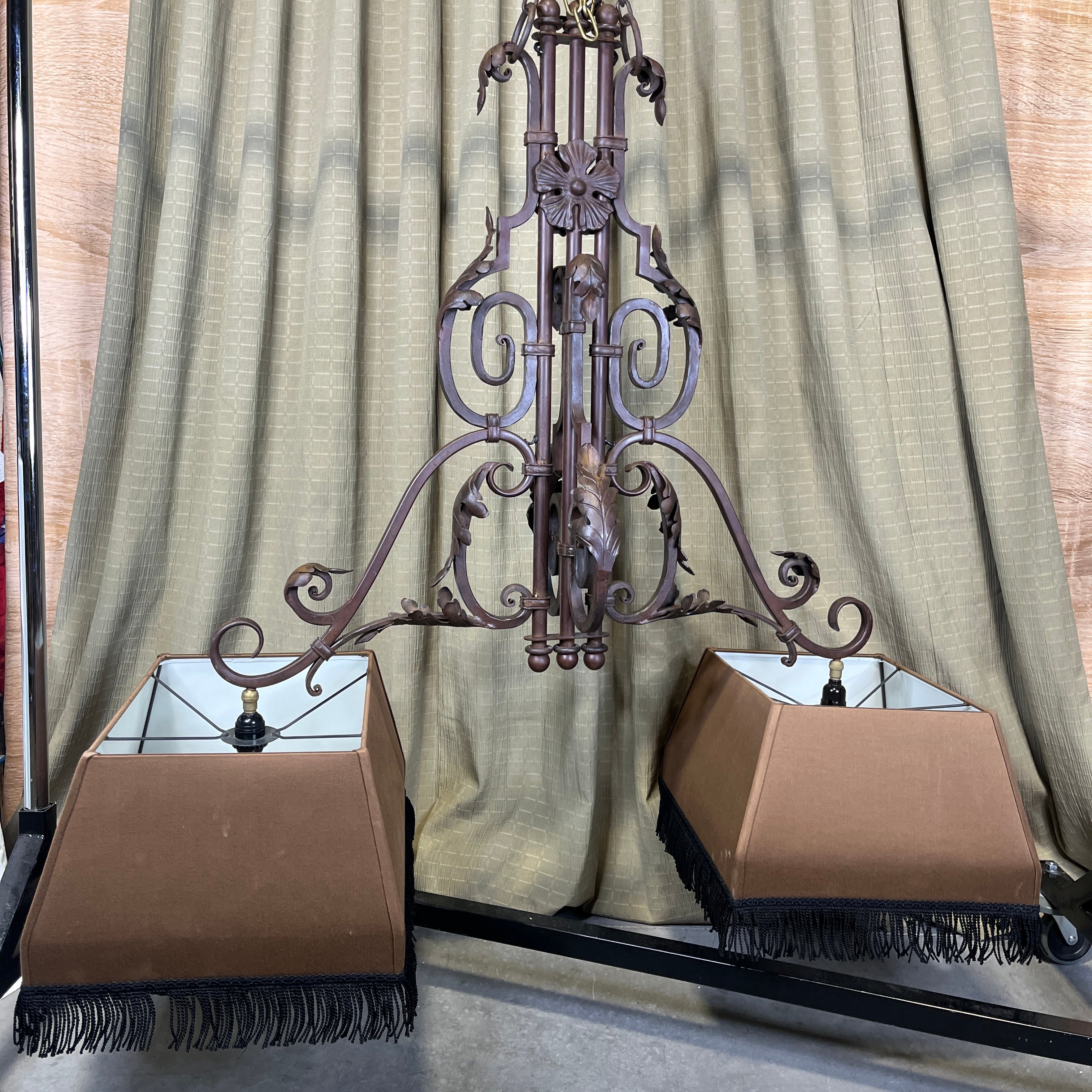 Ornate Spanish Revival 2-Light Bronze Brushed Iron with Fringe Shades Chandelier 50"x 21"x 50"