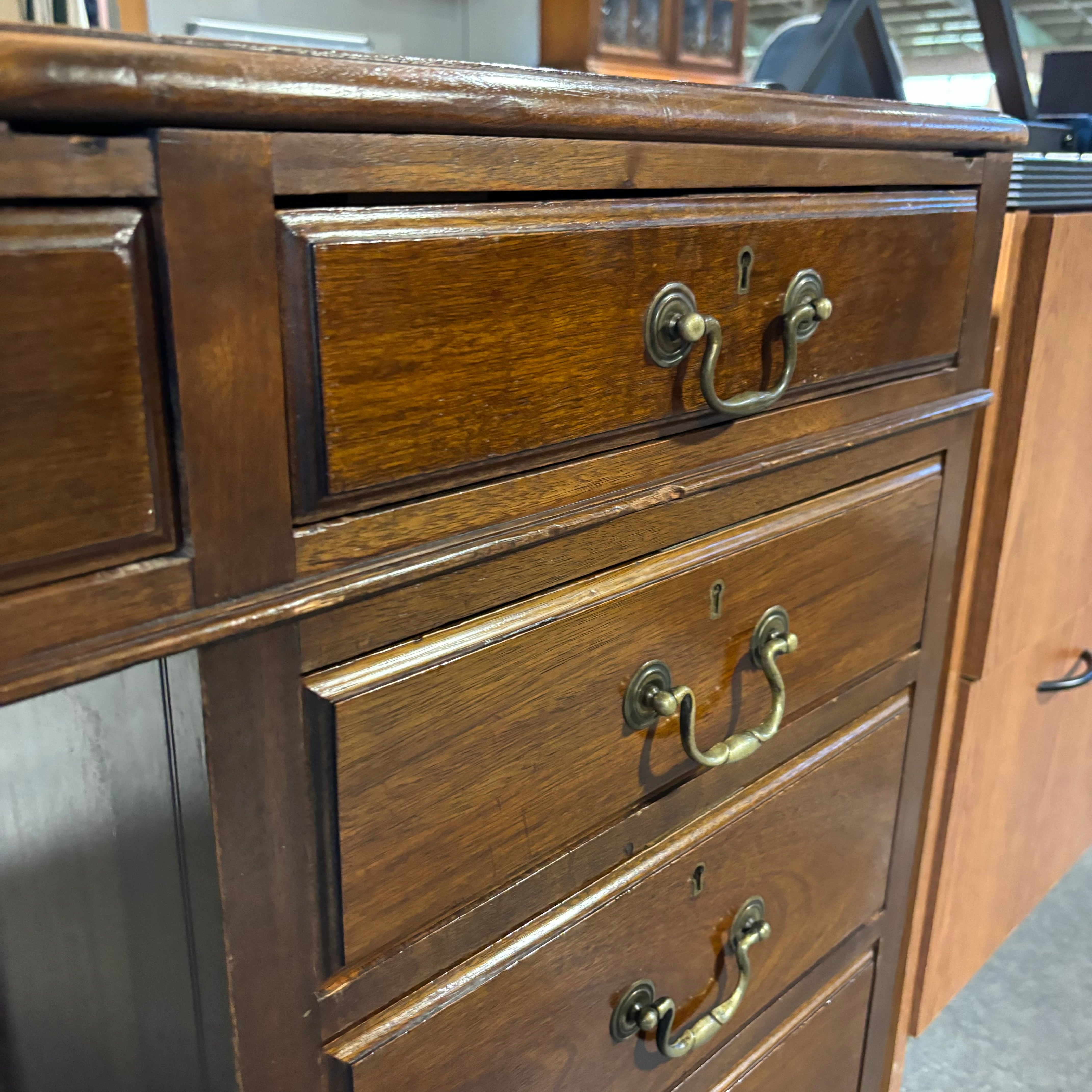 Dark Finish Wood with Gilded Detail Leather Top 18 Drawer Partner Desk 73"x 47.5"x 30.5"