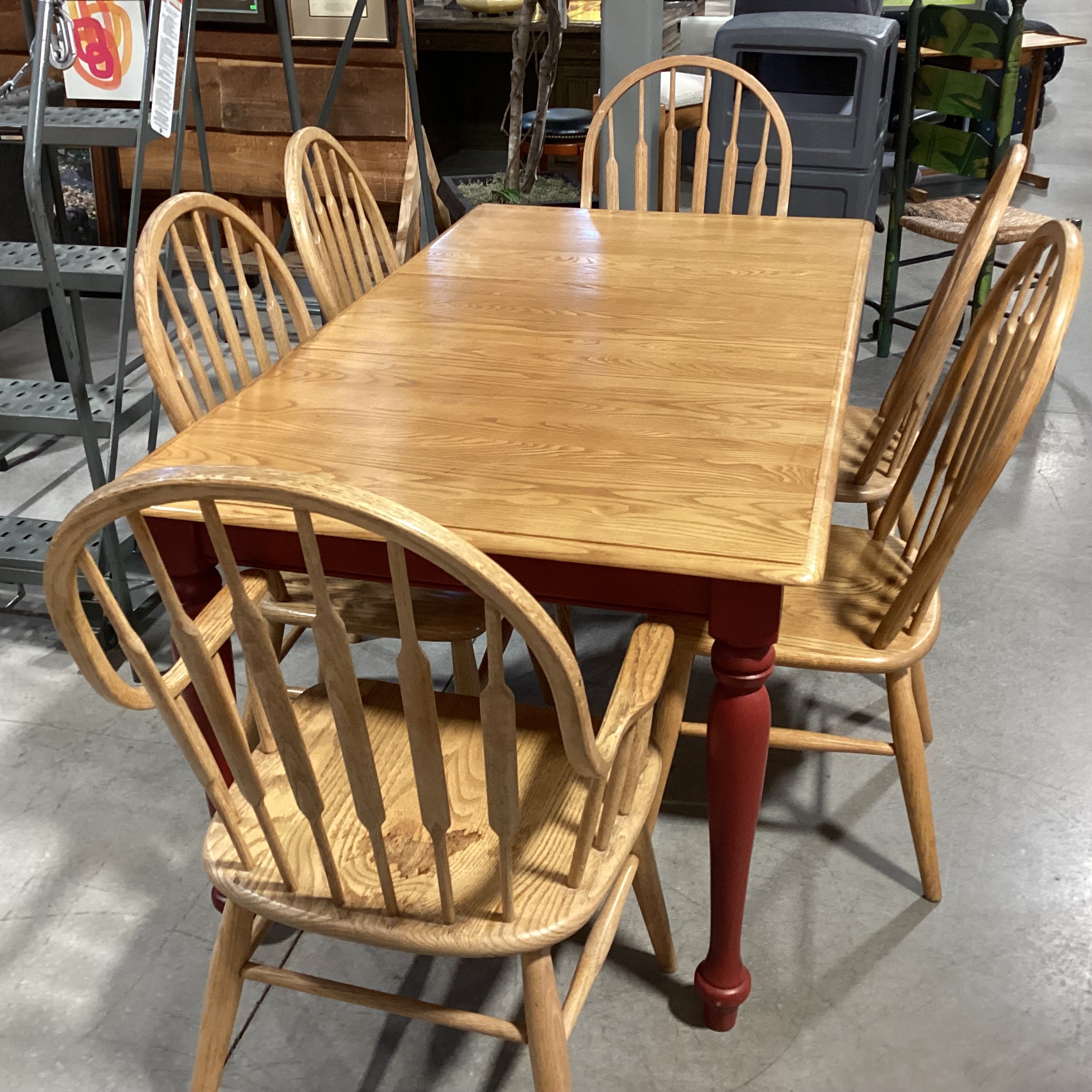 Country Oak & Red Legs 1 Leaf Table with 6 Oak Chairs Dining Set 66.5"x 36.5"x 30"