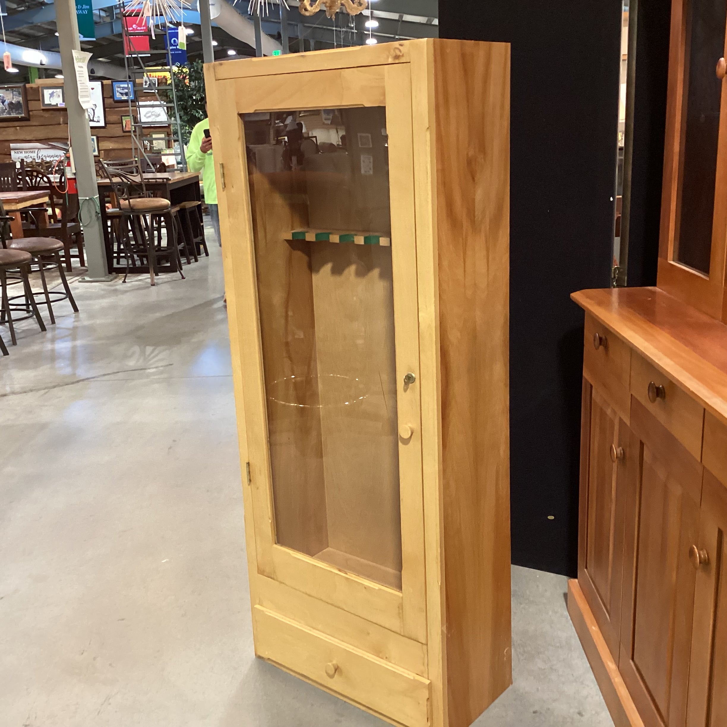 Natural Wood & Glass Door with Key Bottom Drawer Gun Cabinet Armoire 24"x 13"x 60"