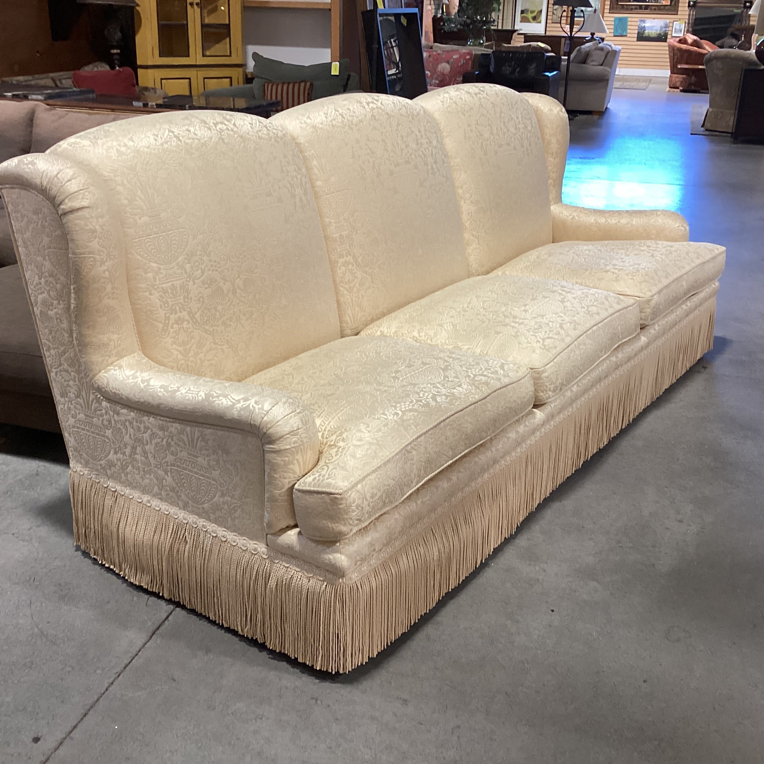Custom Gold Raised Stitched Floral Urns with Piping & Fringe Down Mix High Back Sofa 102"x 41"x 41"
