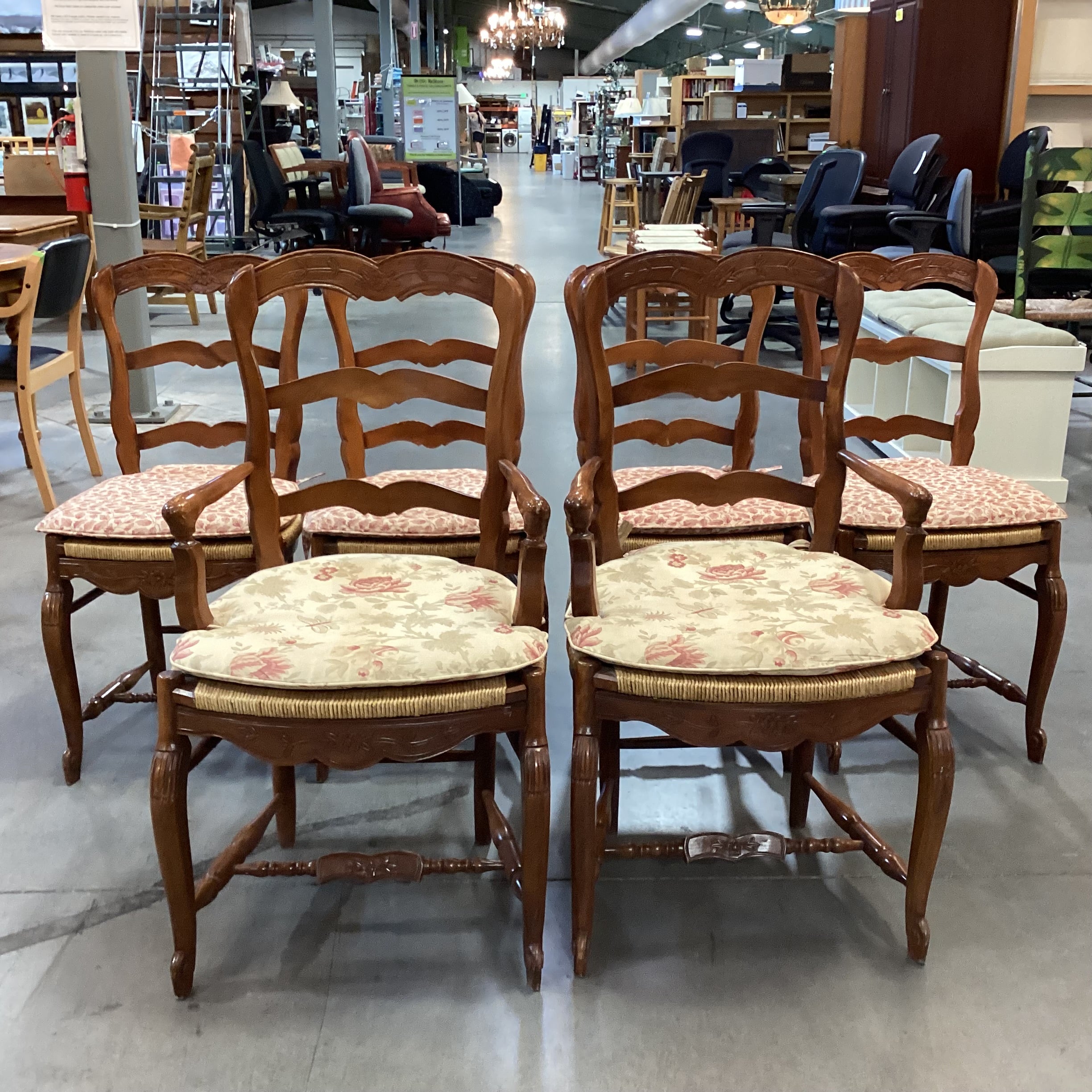 Set of 6 Carved Wood with Rush Seat & Floral Seat Cushion Dining Chairs 21"x 21"x 38"