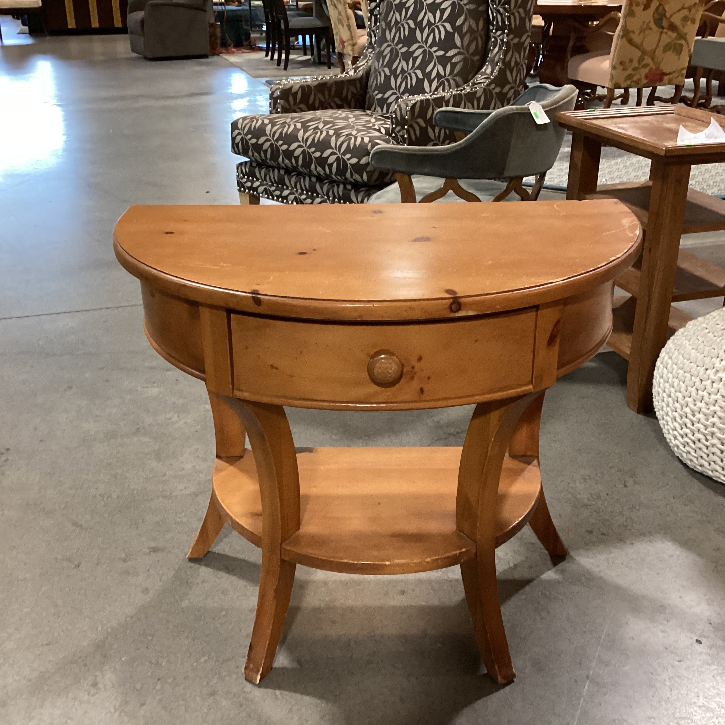 Brownwood Furniture Light Finished Distressed Pine Halfmoon 1 Drawer Accent Table 32.5"x 18.5"x 28"