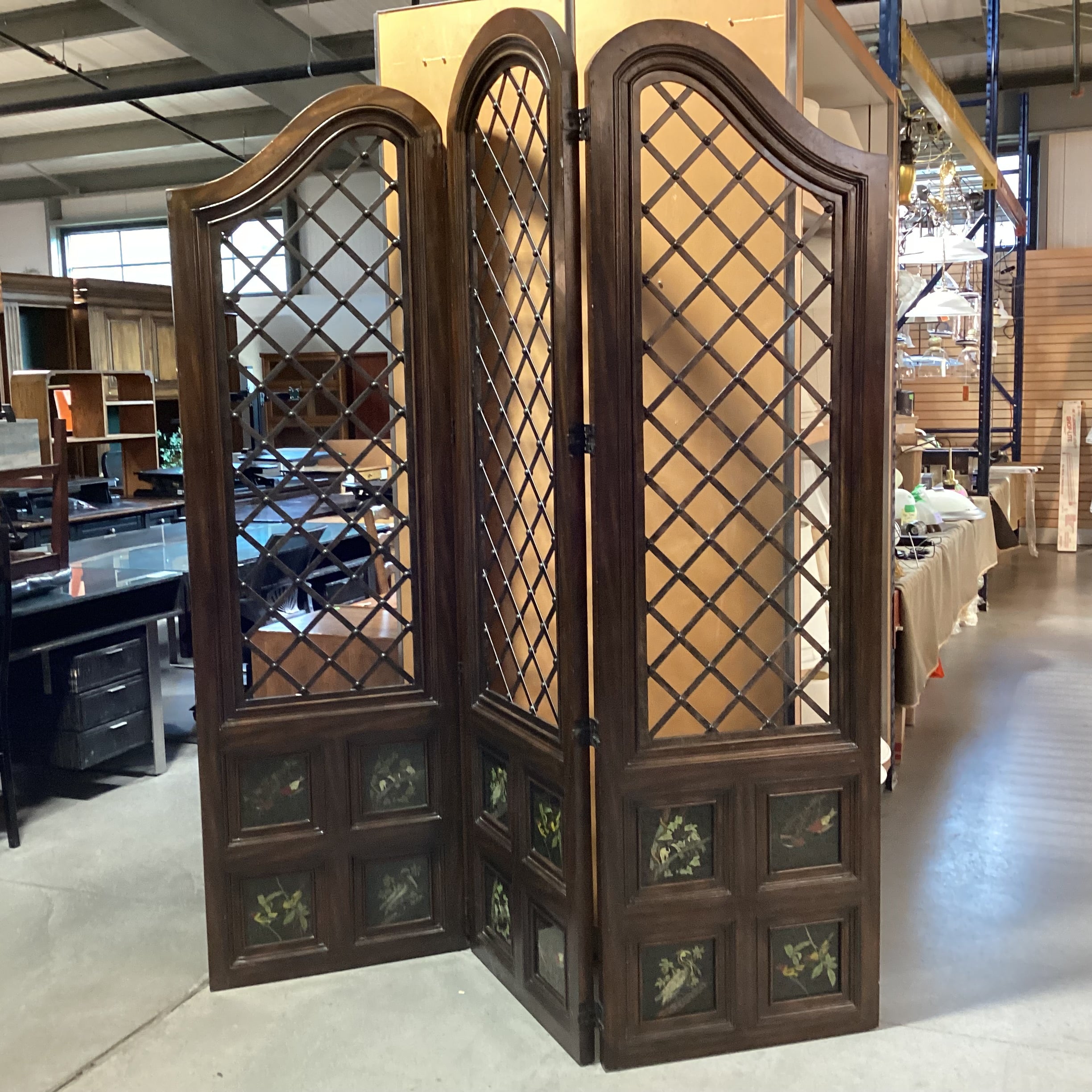 Maitland Smith Carved Wood Metal Lattice & Bird Painted Glass Panes 3 Panel Room Divider 26"x 91.5" Per Panel