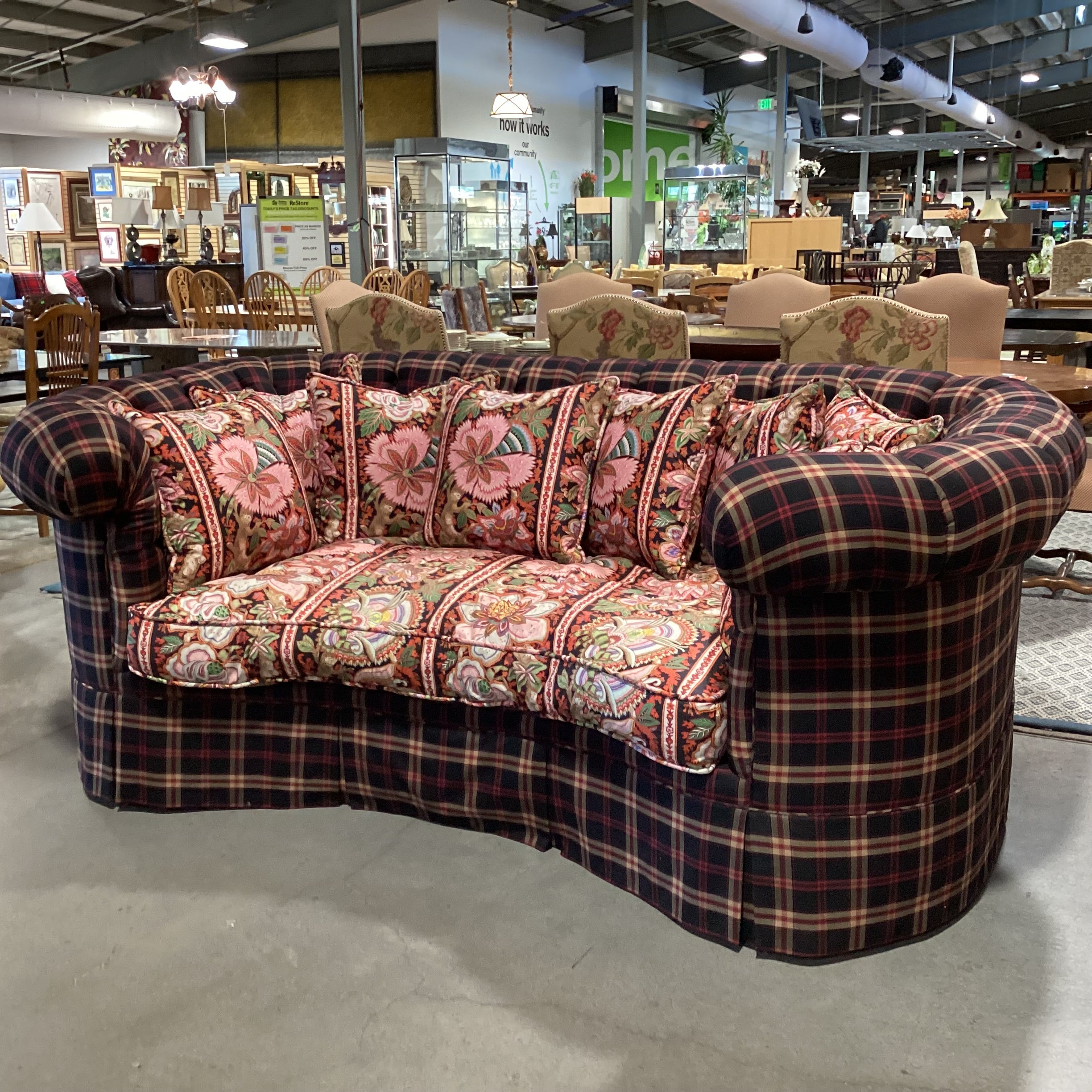 Custom Black Red Tan Plaid Button Tufted with Pink Ornate Floral Cushion & Pillows Down Mix Sofa 100"x 58"x 40"