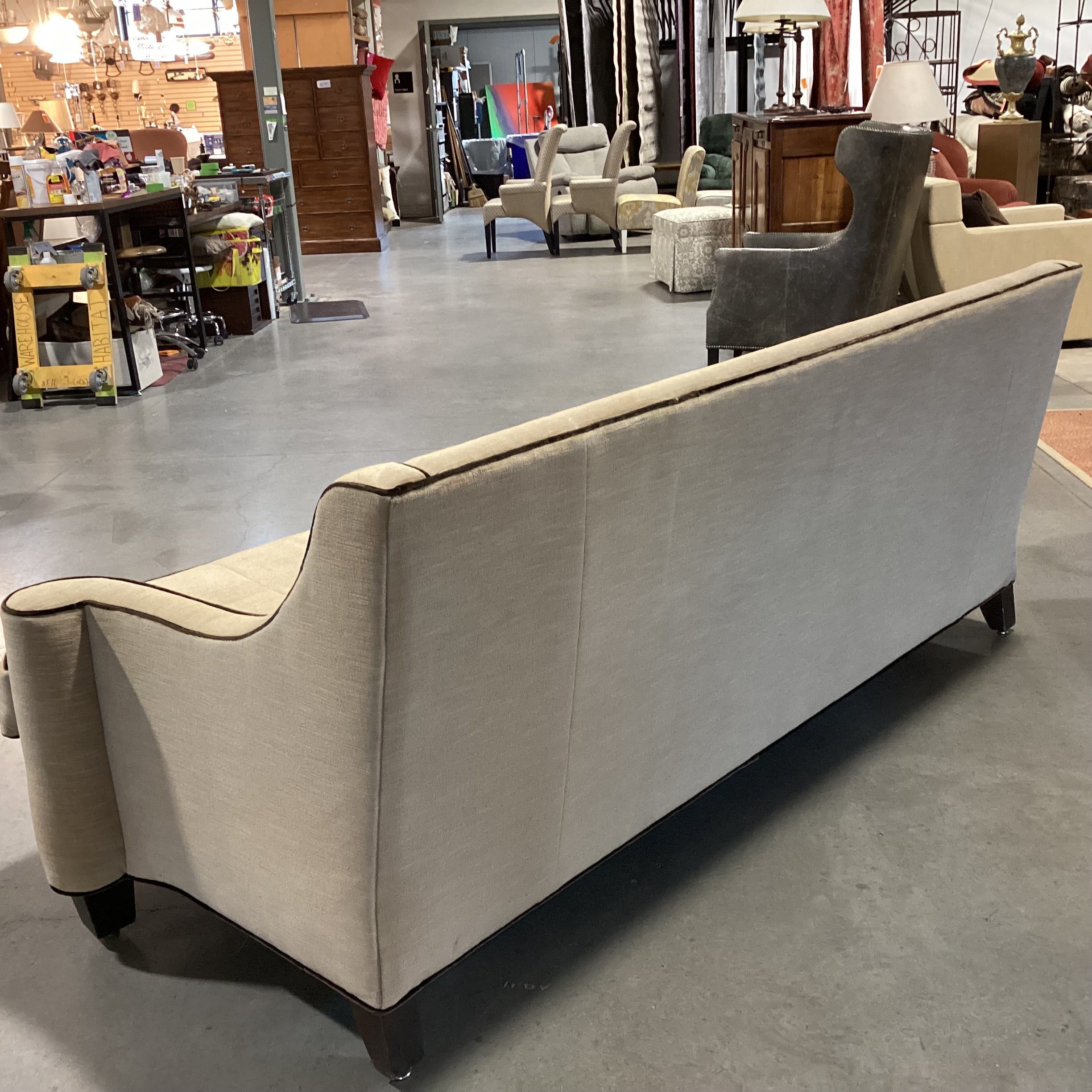 Golden Textured Velvet with Brown Velvet Piping Slope Roll Arm Custom Sofa 92.5"x 40"x 36"