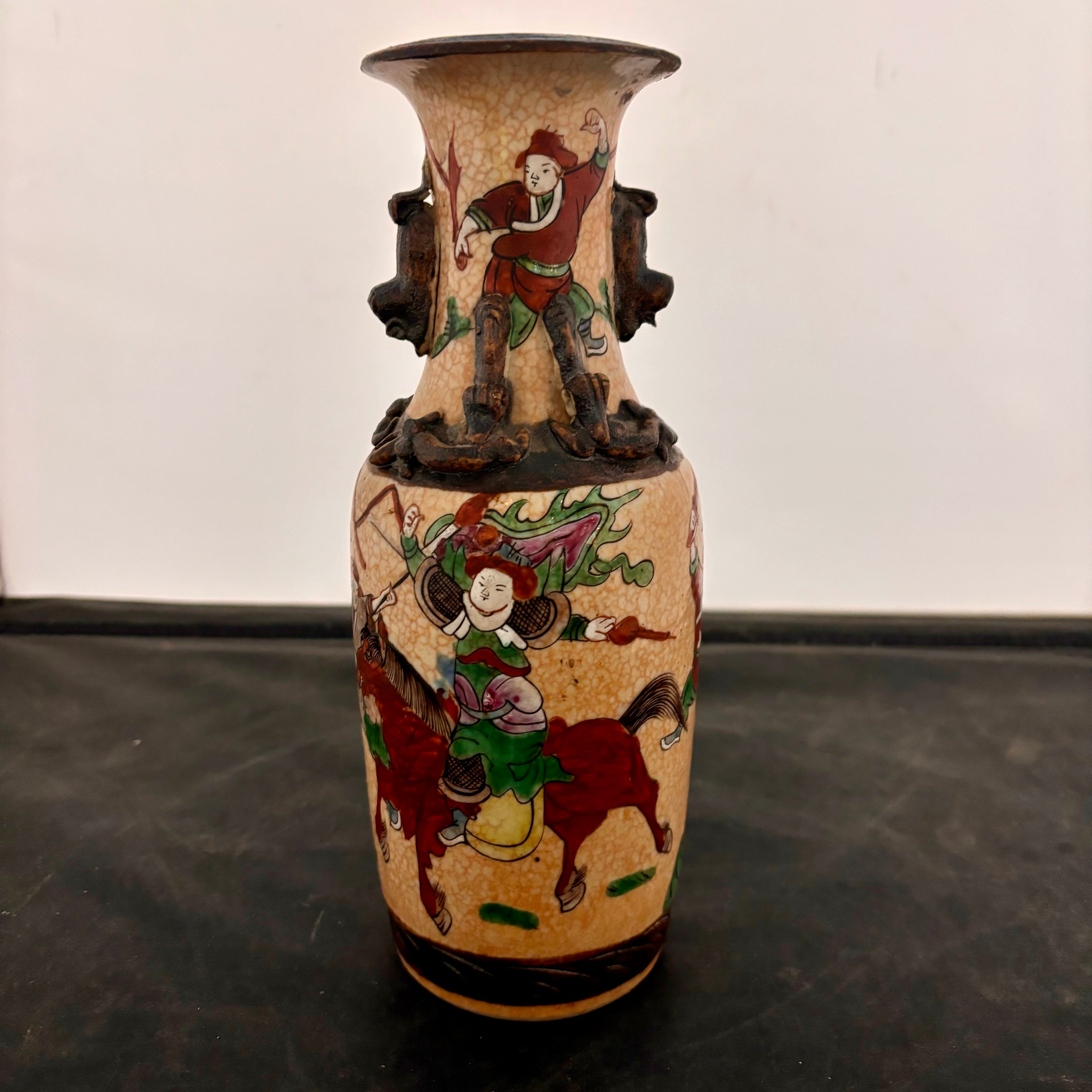 Antique Chinese Signed Famille Verte Vase with Figures and Faux Bronze Decoration 9.5"x 3.5"