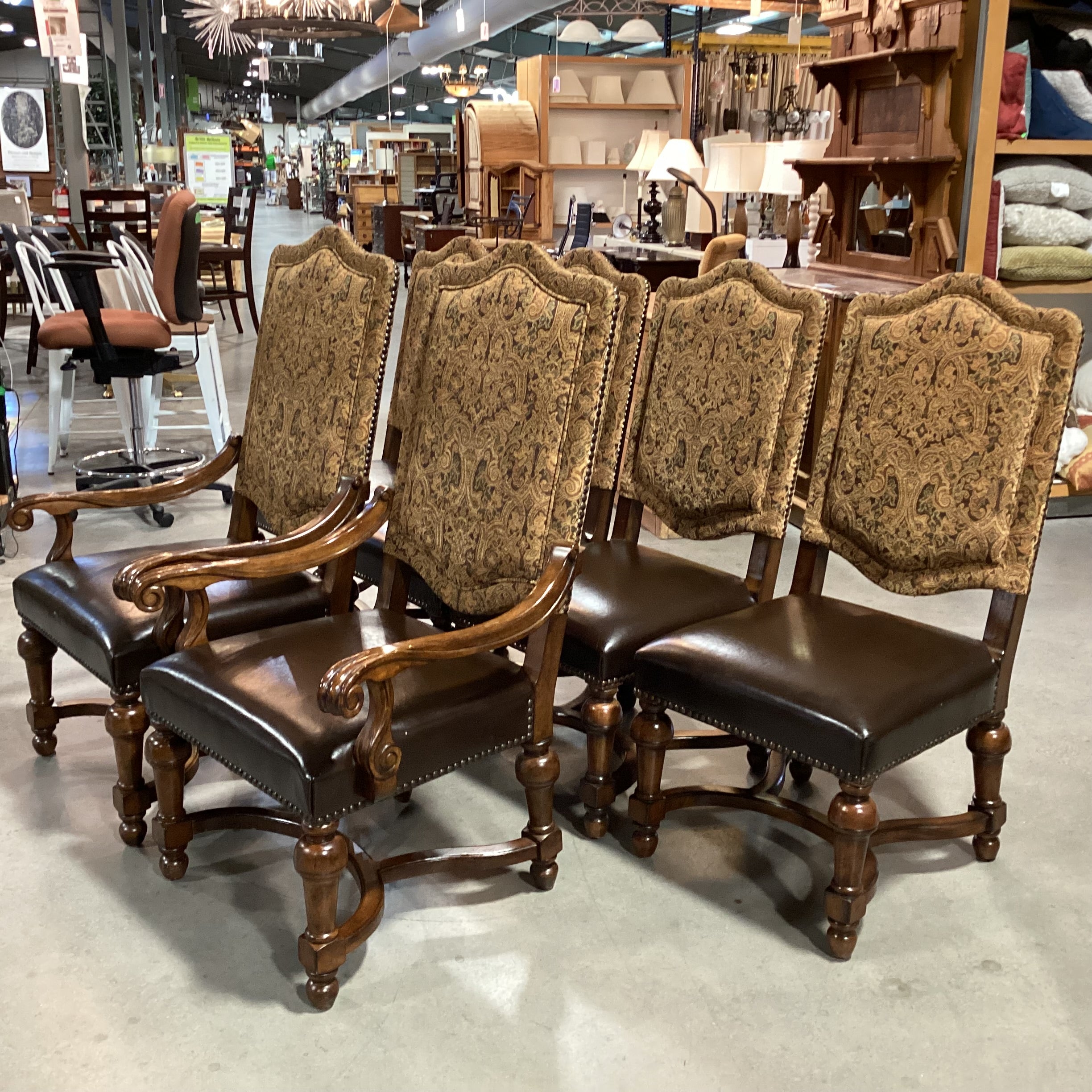 SET of 6 Bernhardt Carved Wood Brown Gold Paisley & Leather Nailhead Dining Chairs 29"x 25"x 49"
