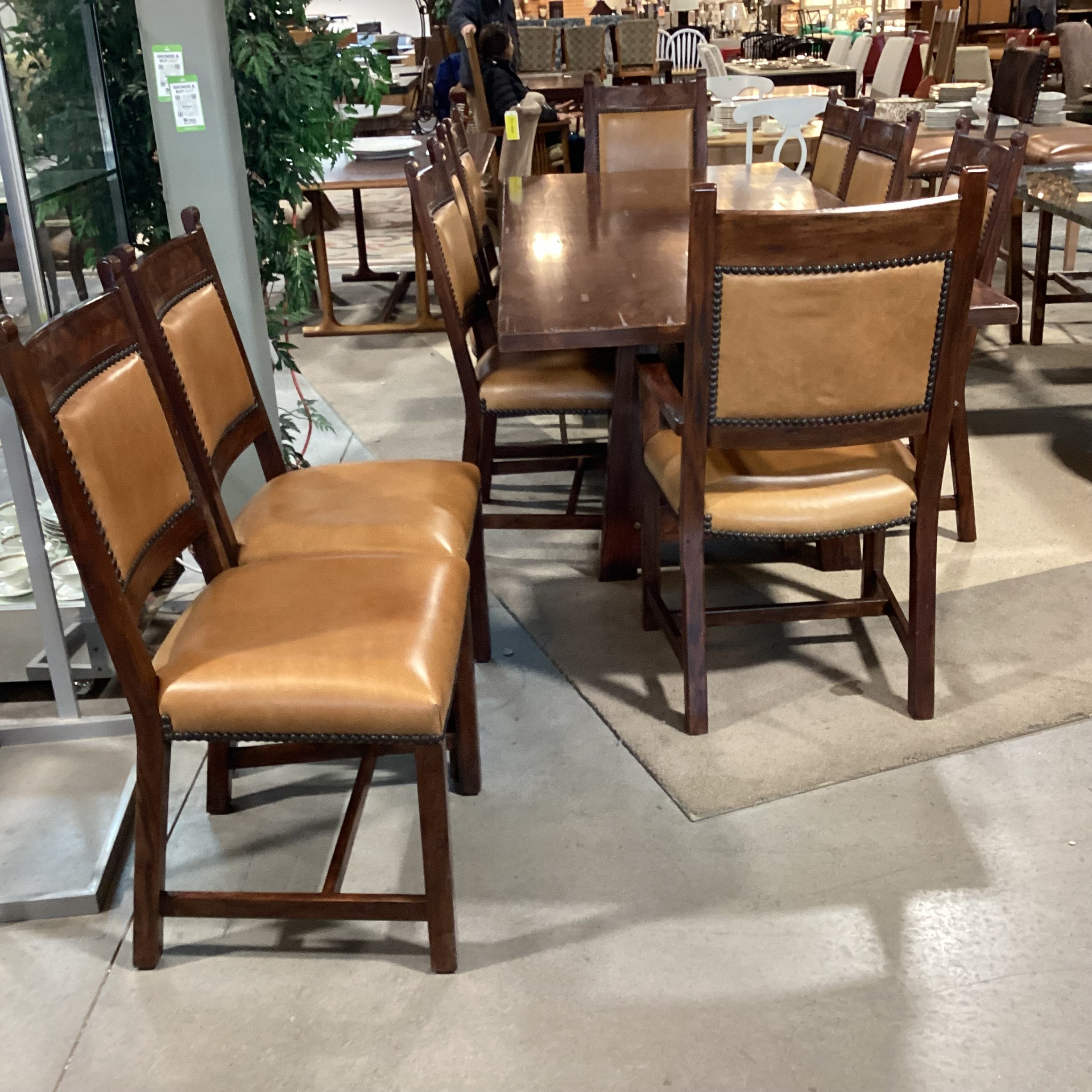 Theodore Alexander Rustic Distressed Trestle Table & 10 Leather Nailhead Carved Wood Chairs Dining Set 108"x 44"x 31"