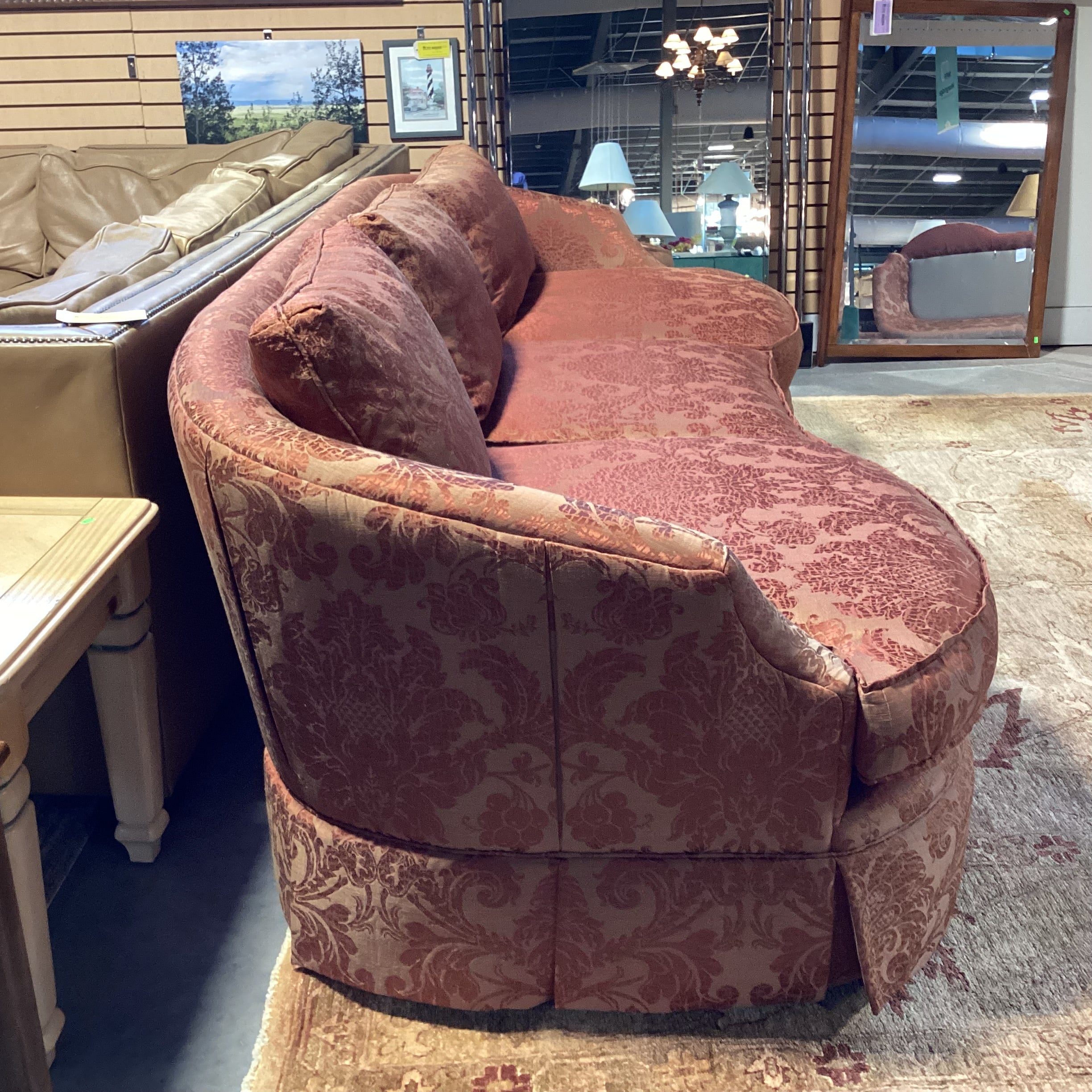 Custom Golden Burnt Orange Ornate Silky Metallic Floral Down Mix Curved Sofa 107"x 44"x 32"