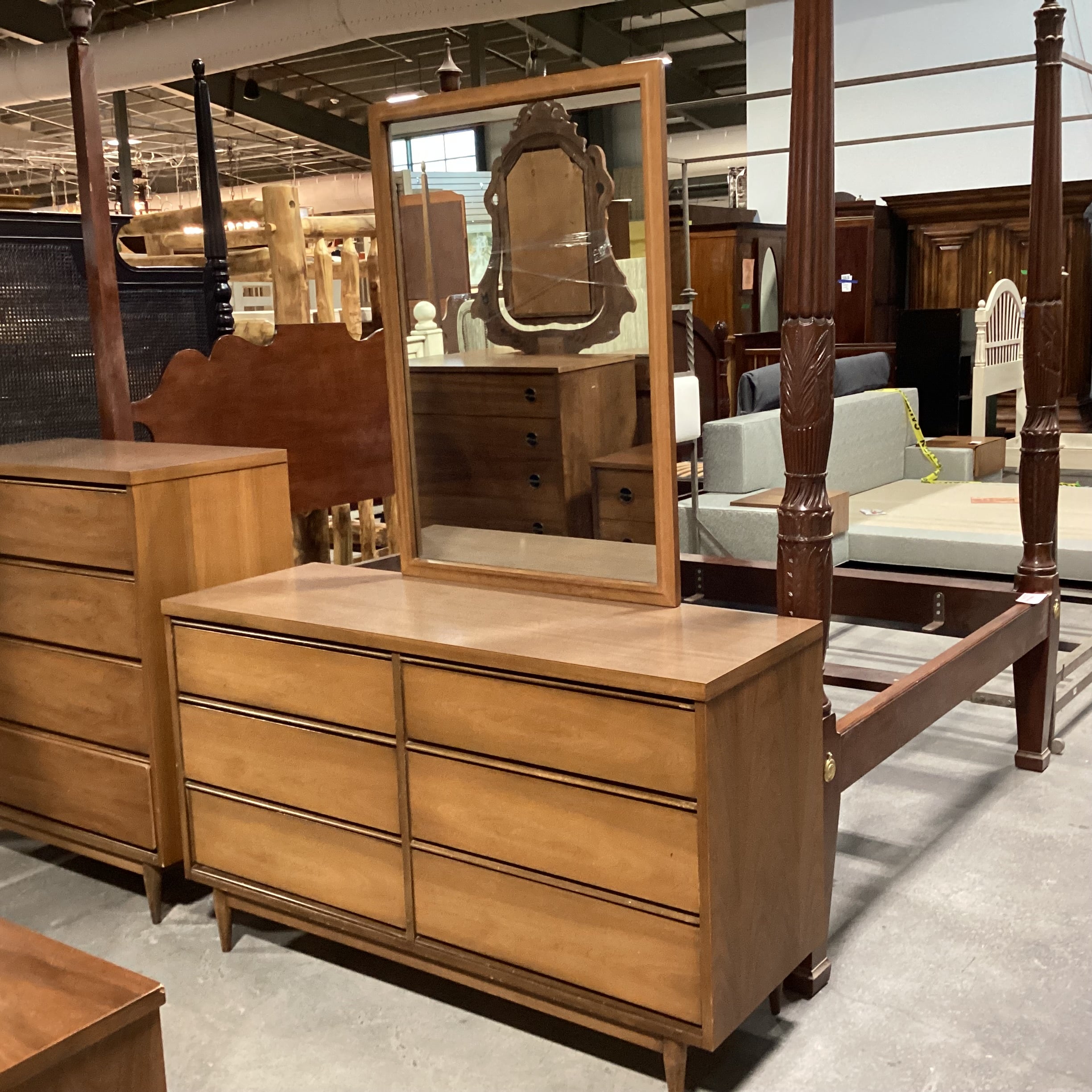 Mid Century Walnut & Veneer 6 Drawer with Mirror Dresser 52"x 18"x 72"