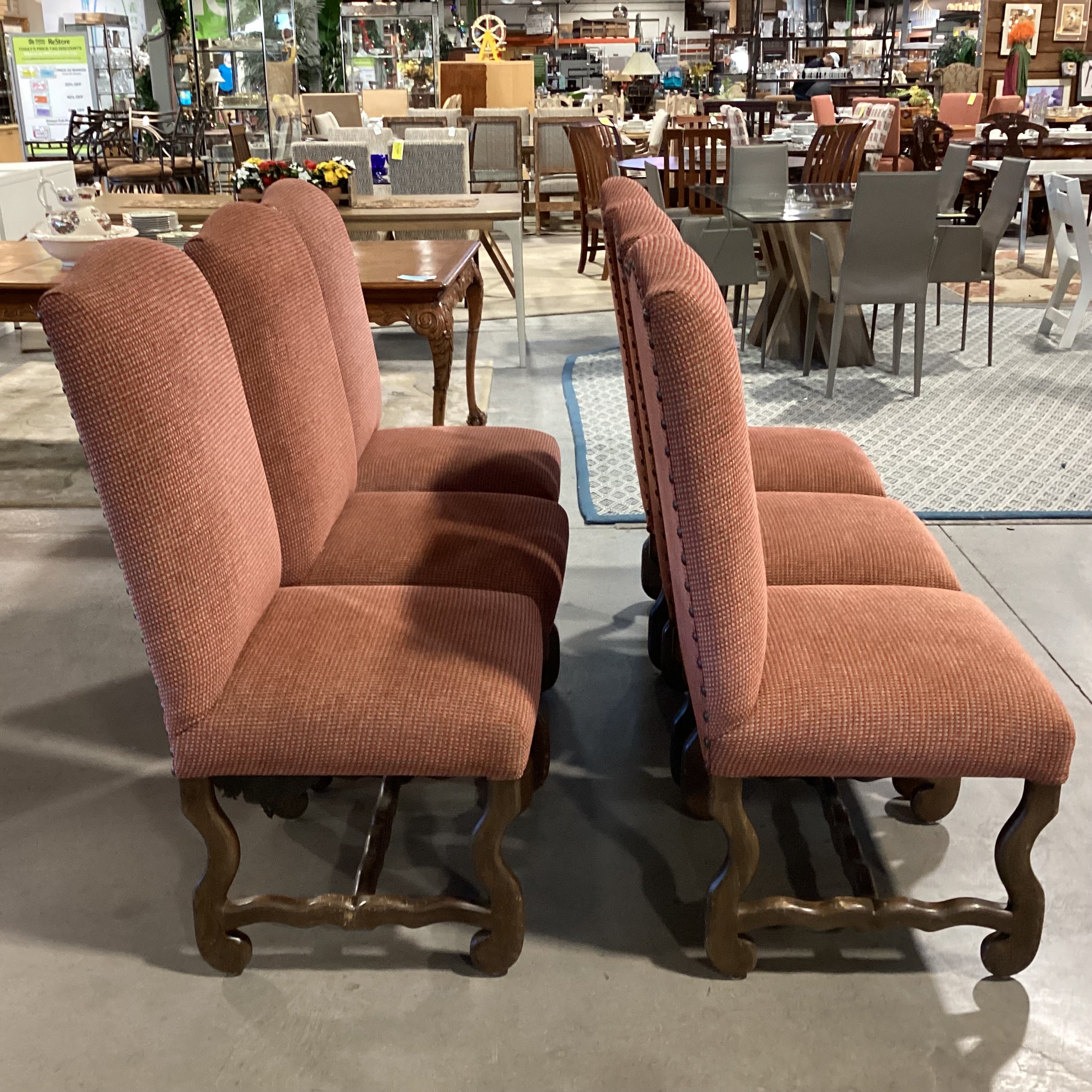 Set Of 6  Red Tan Woven Nailhead & Carved Wood Dining Chairs 21"x 26"x 46"