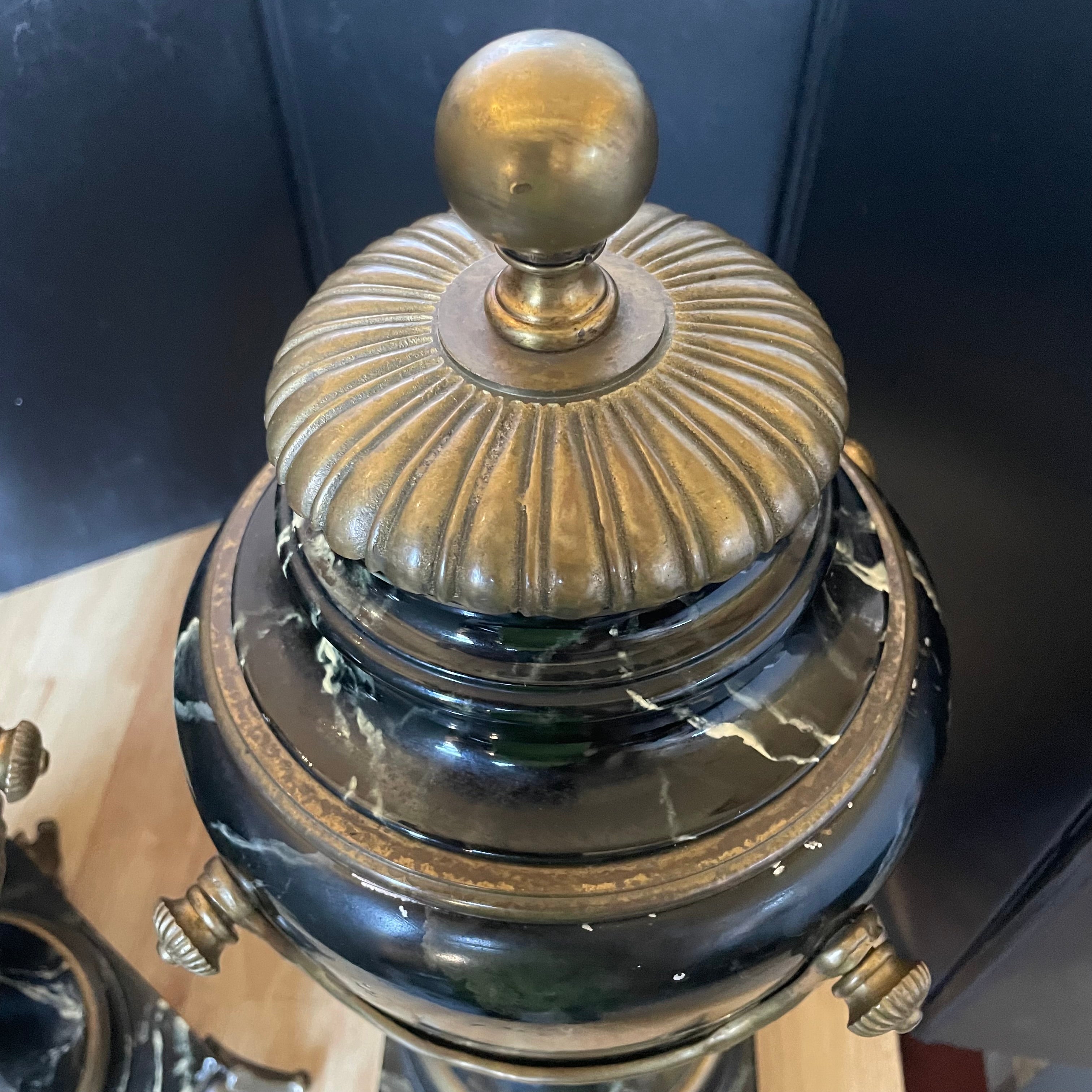 19th Century French Louis VXI Style Vert de Patricia/Blue-Veined Marble, Bronze, Ormolu Urns, Pair