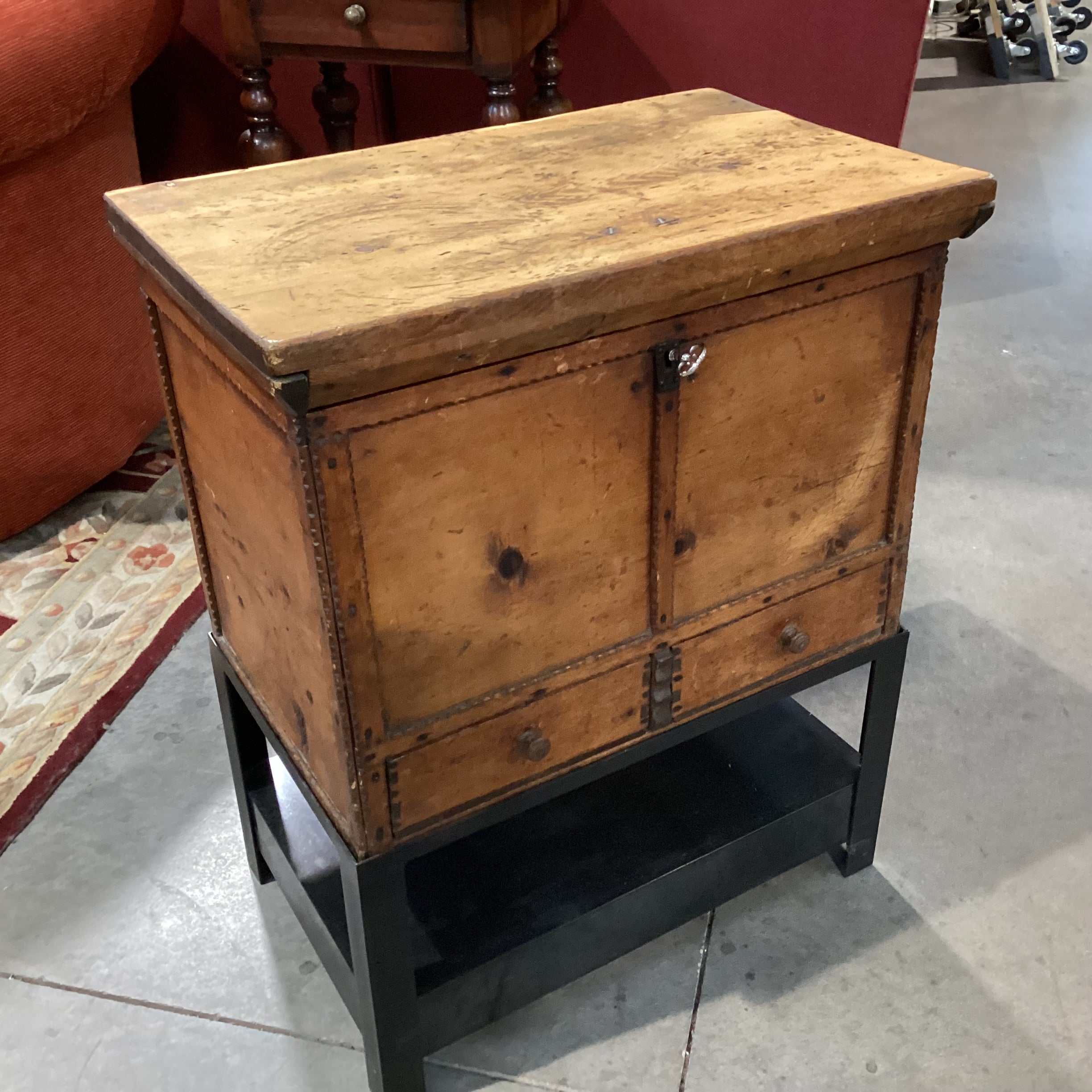 Antique Carved Wood with Metal Stand 2 Drawer & Storage Chest Trunk 22.5"x 14.5"x 28.5"