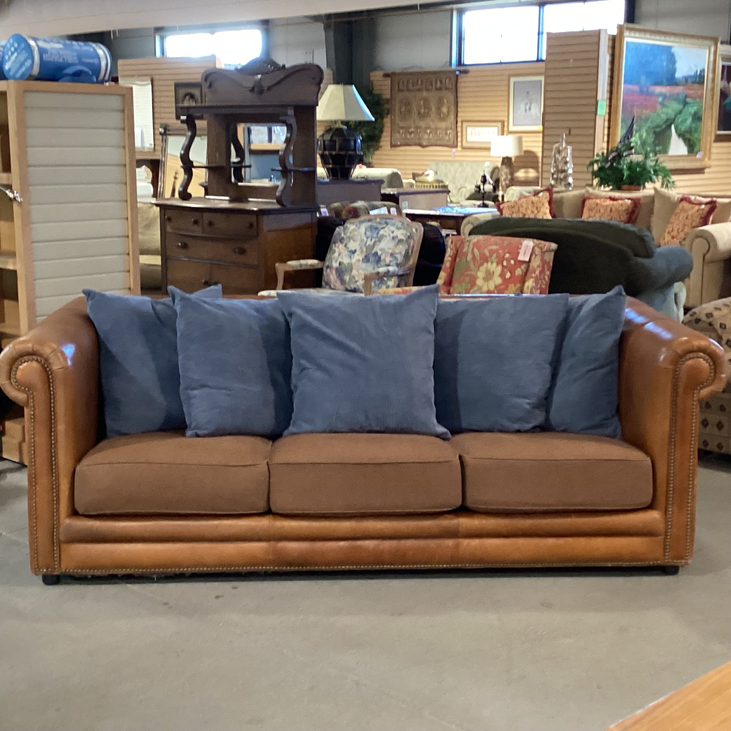 Bassett John Elway Home Collection Leather Roll Arm Nailhead & Upholstery Seat & Back Pillows Sofa 87"x 42"x 30"