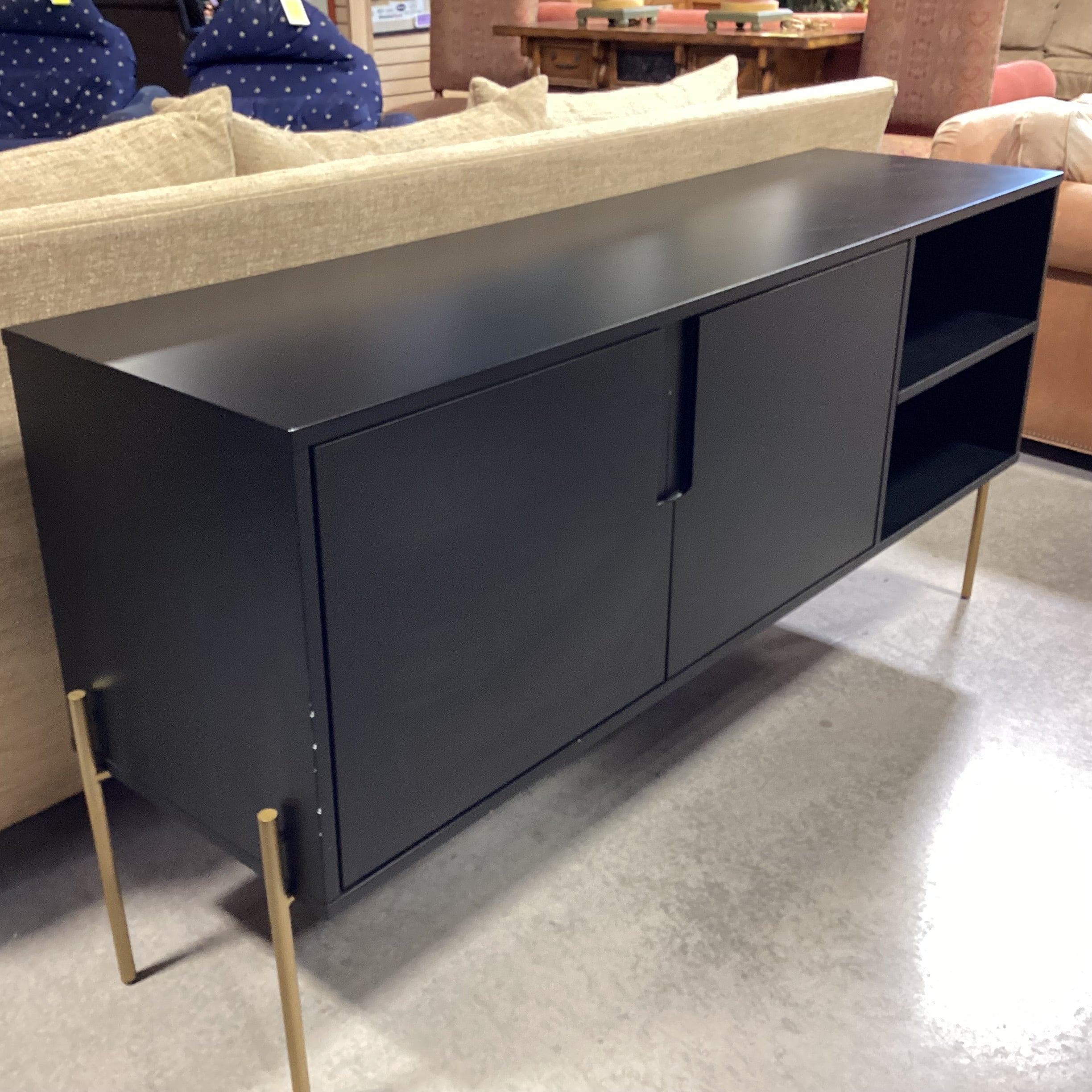 Black Laminate & Gold Legs 2 Door with Shelves Console Credenza 65"x 18"x 31.5"
