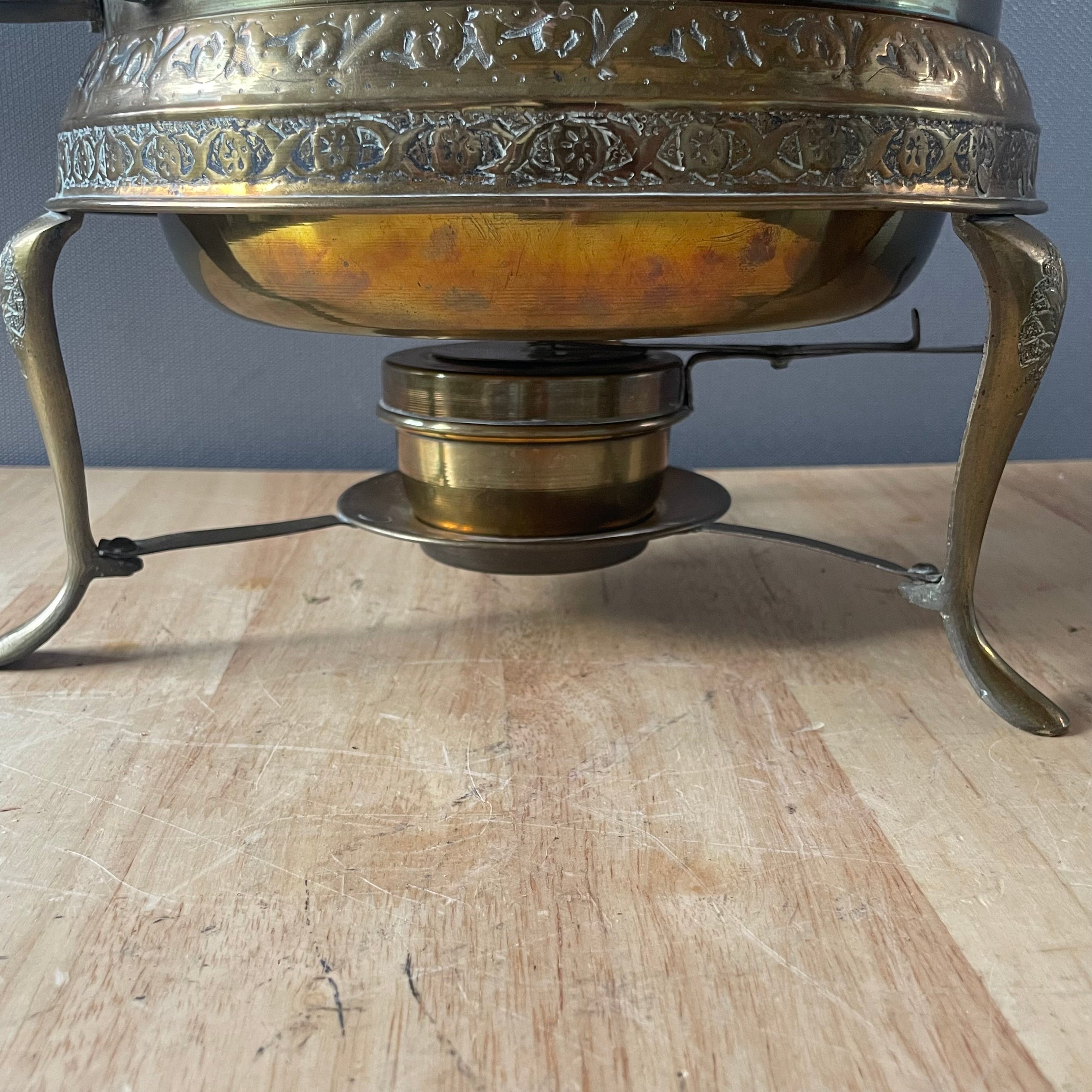 Vintage Persian 1950's Brass Embossed Camel Caravan Design Warming Dish, 15.5"x 9"