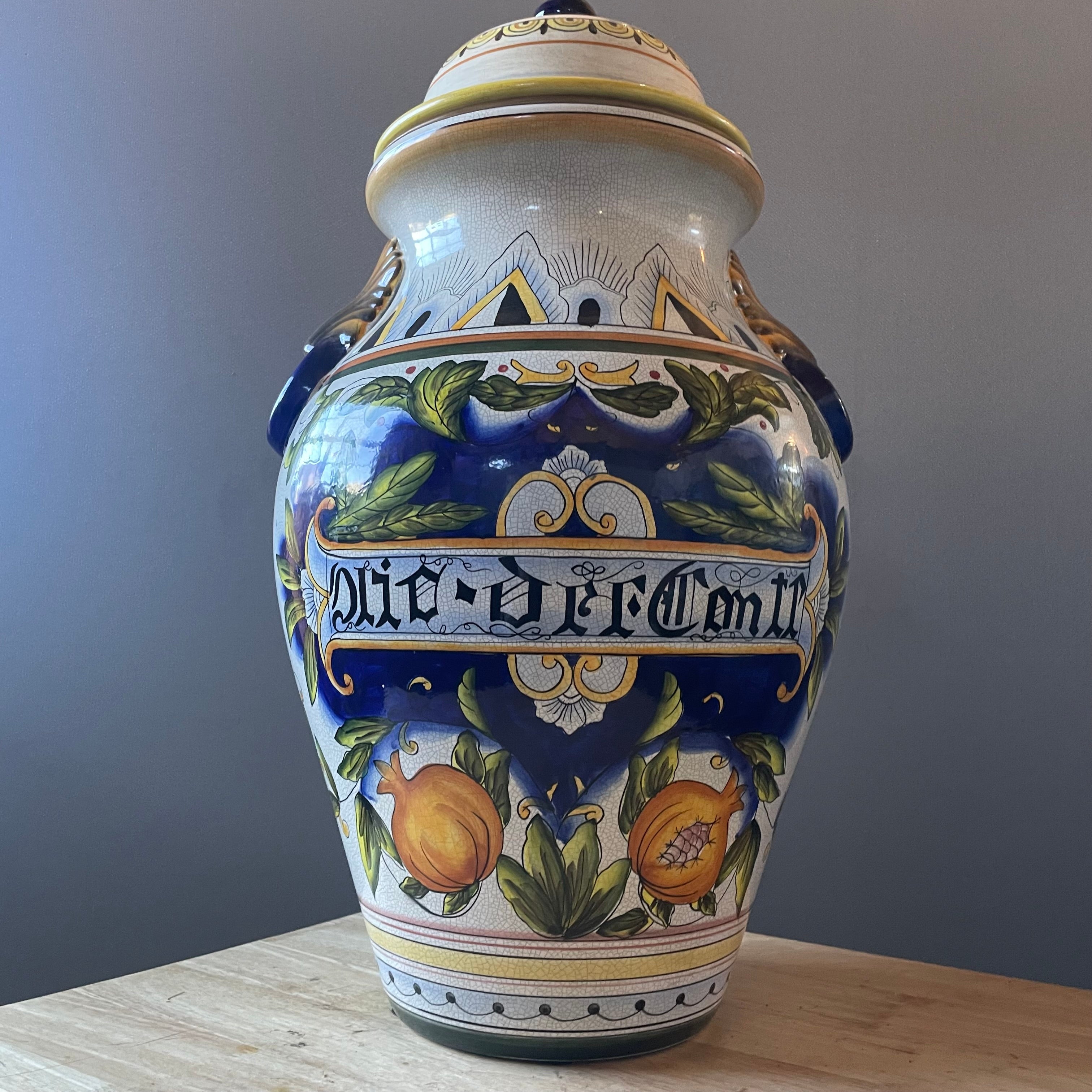 Decorative Majolica Style Reproduction Lidded Apothecary Jar, 14"x 23"
