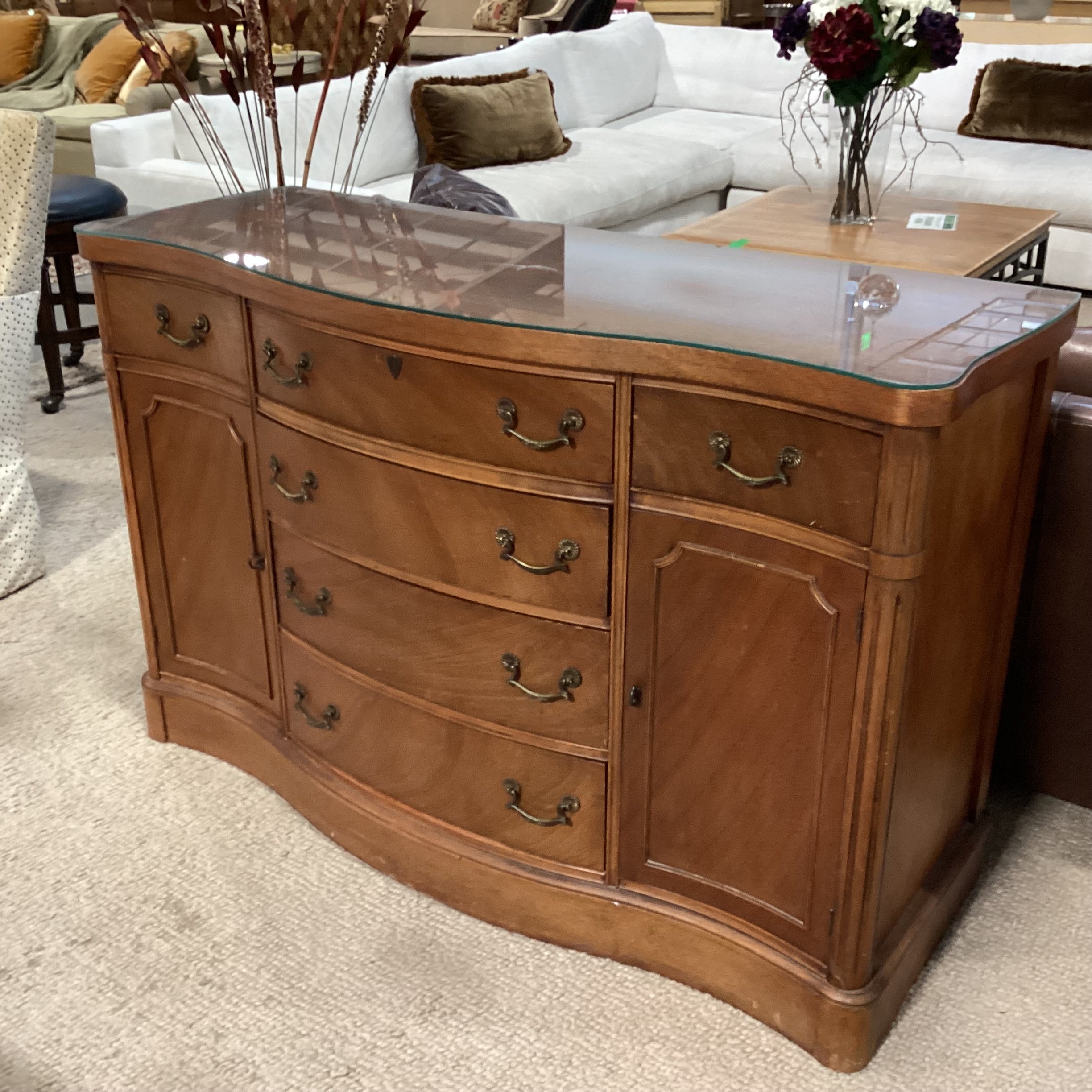 Antique Carved Wood with Molding Detail & Glass Top 2 Door 6 Drawer Sideboard 54"x 21"x 36"