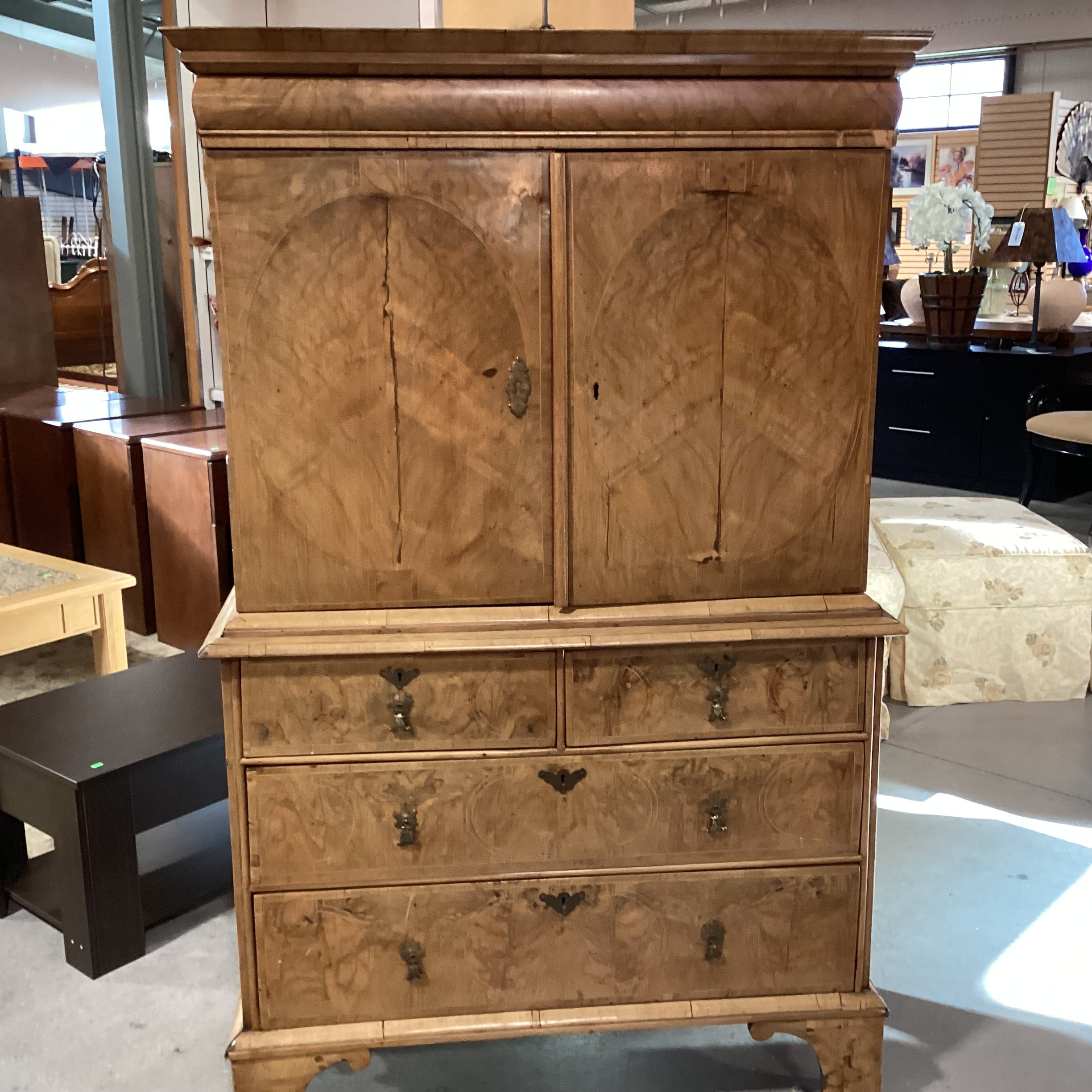 Antique English Burr Walnut Veneer Inlay & Brass Ornate Pulls 18 Drawer 2 Door 2 Piece Cabinet Chest 41"x 18"x 66"